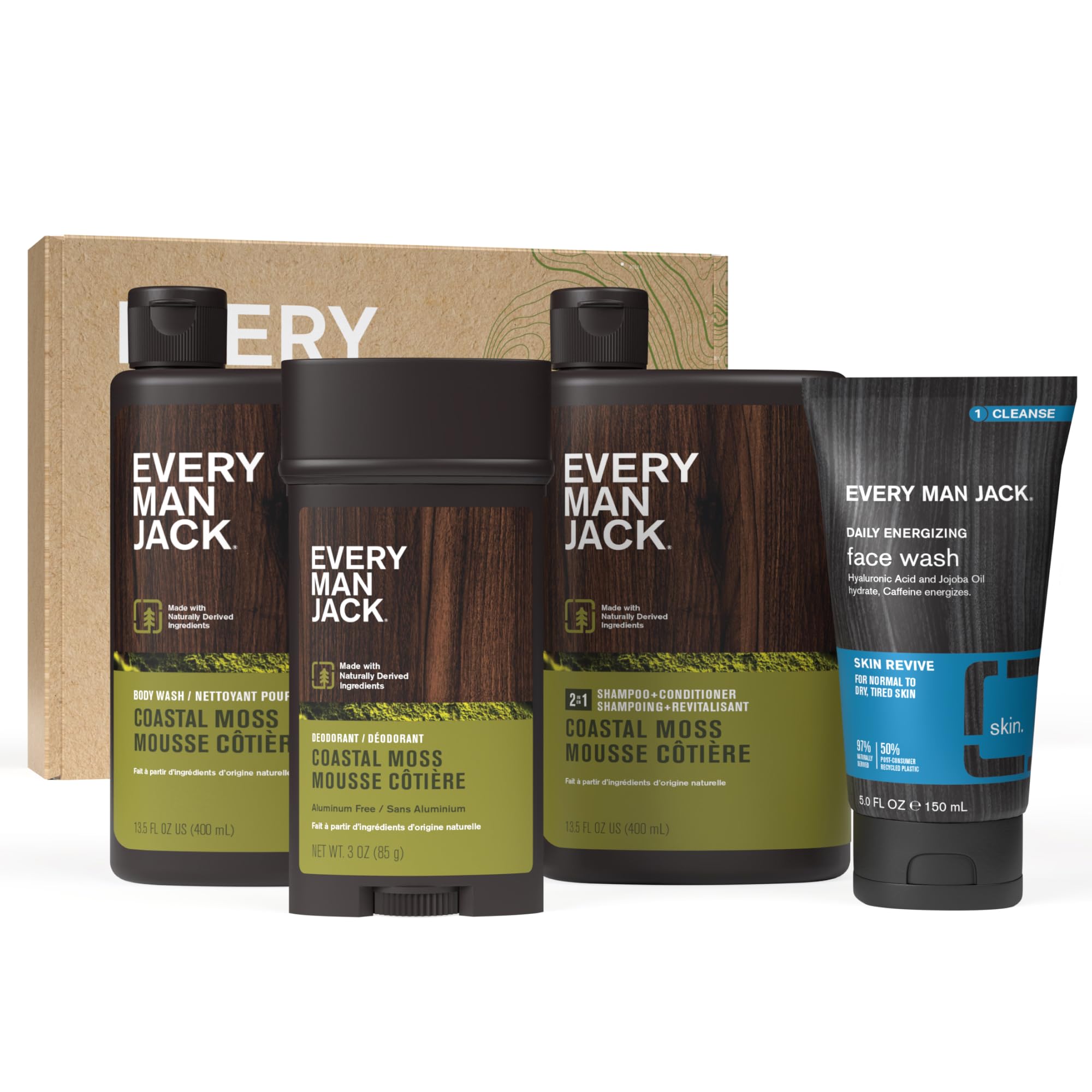 Every Man Jack Men’s Coastal Moss Bath and Body Gift Set with Clean Ingredients & A Vetiver and Spicy Citrus Scent - Round Out His Routine with Body Wash, 2-in-1 Shampoo, Deodorant & Face Wash