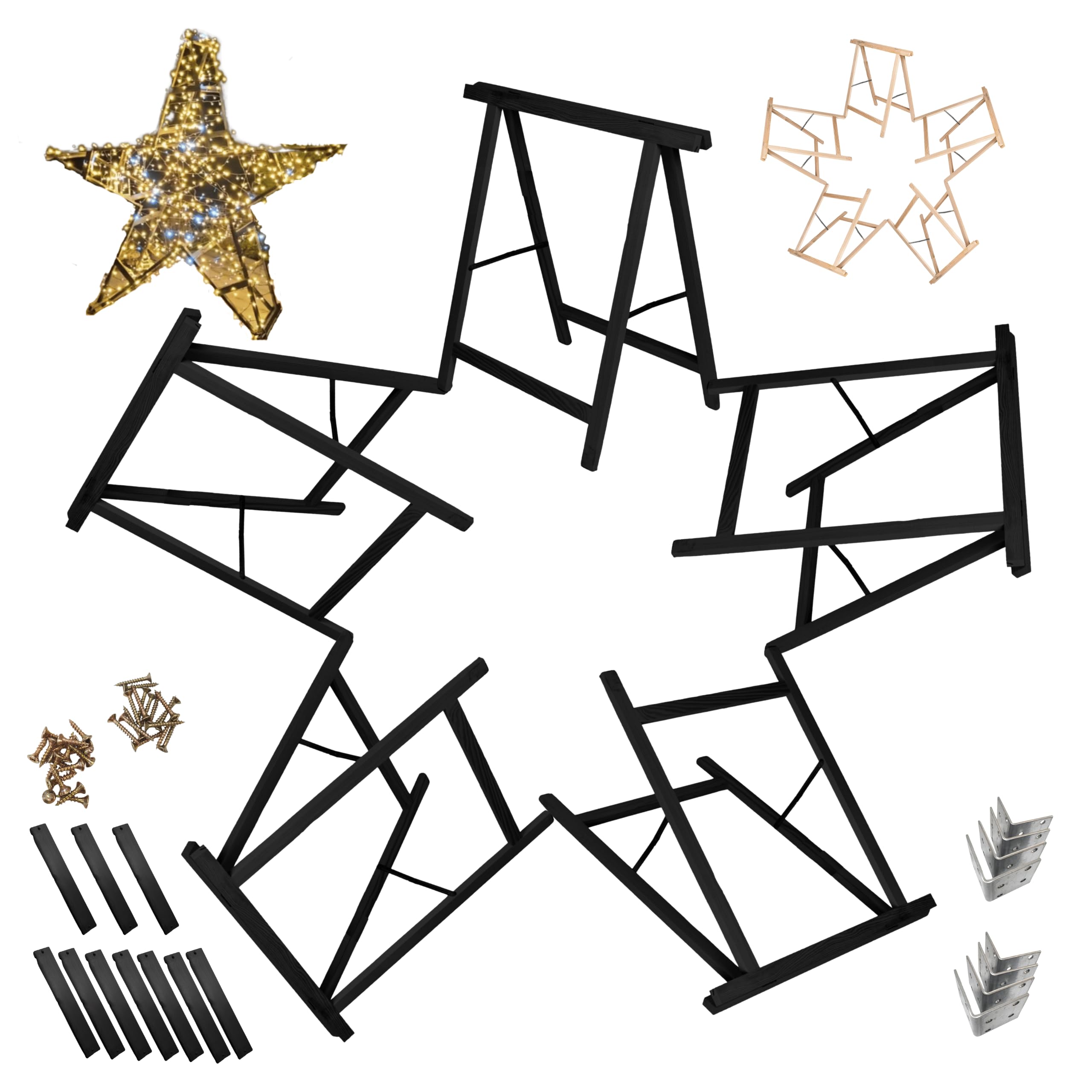 Sägebock Holzbock, Klappbock Arbeitsbock, 5er-Set inklusive Montageteile, DIY Stern, Weihnachtsstern SET, Tapezierbock Montagebock Unterstellbock, Sternabmessungen 180x180x73 cm, Schwarz