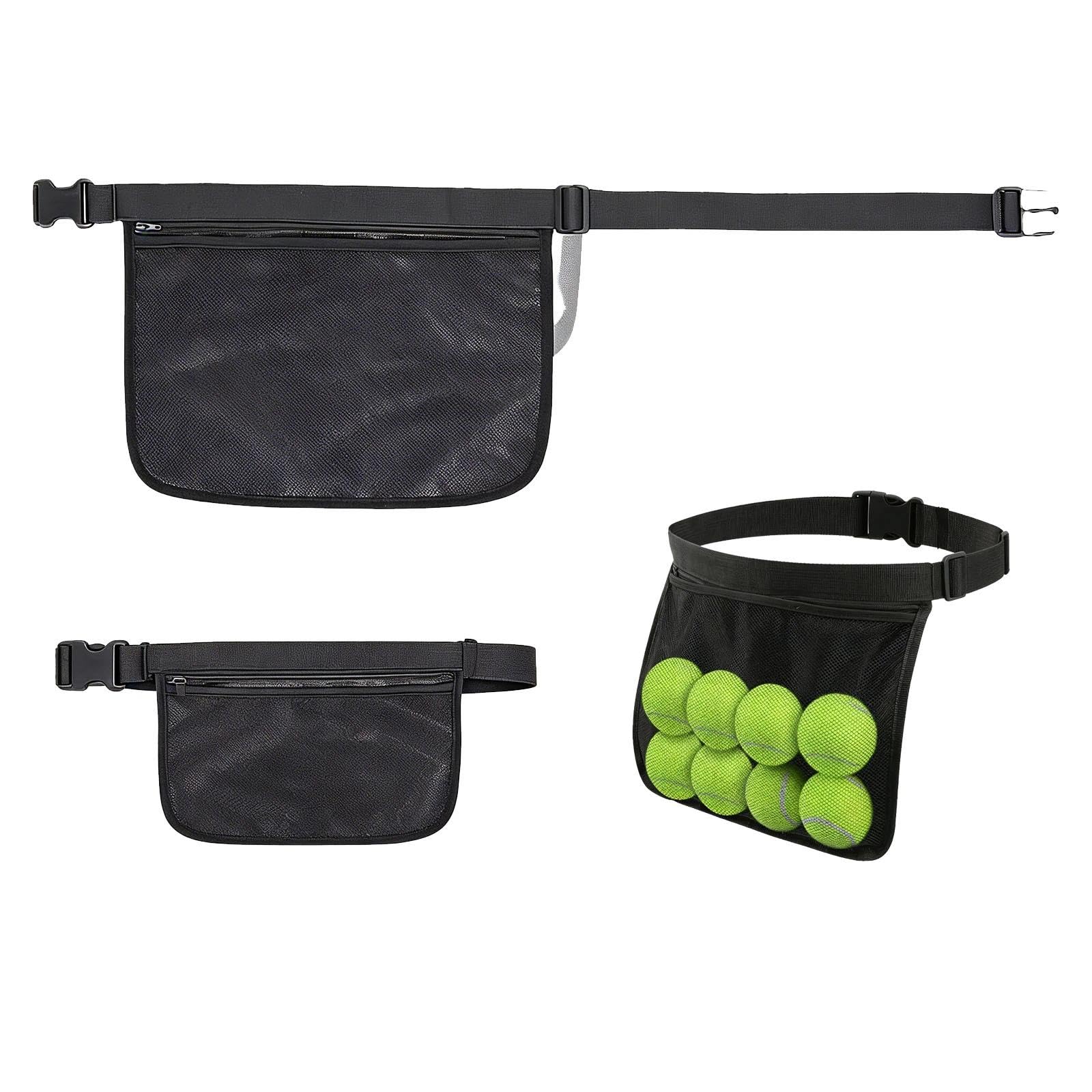 Black Tennis Ball Holder Waist Pouch, Adjustable Mesh Belt Holds 8-10 Balls
