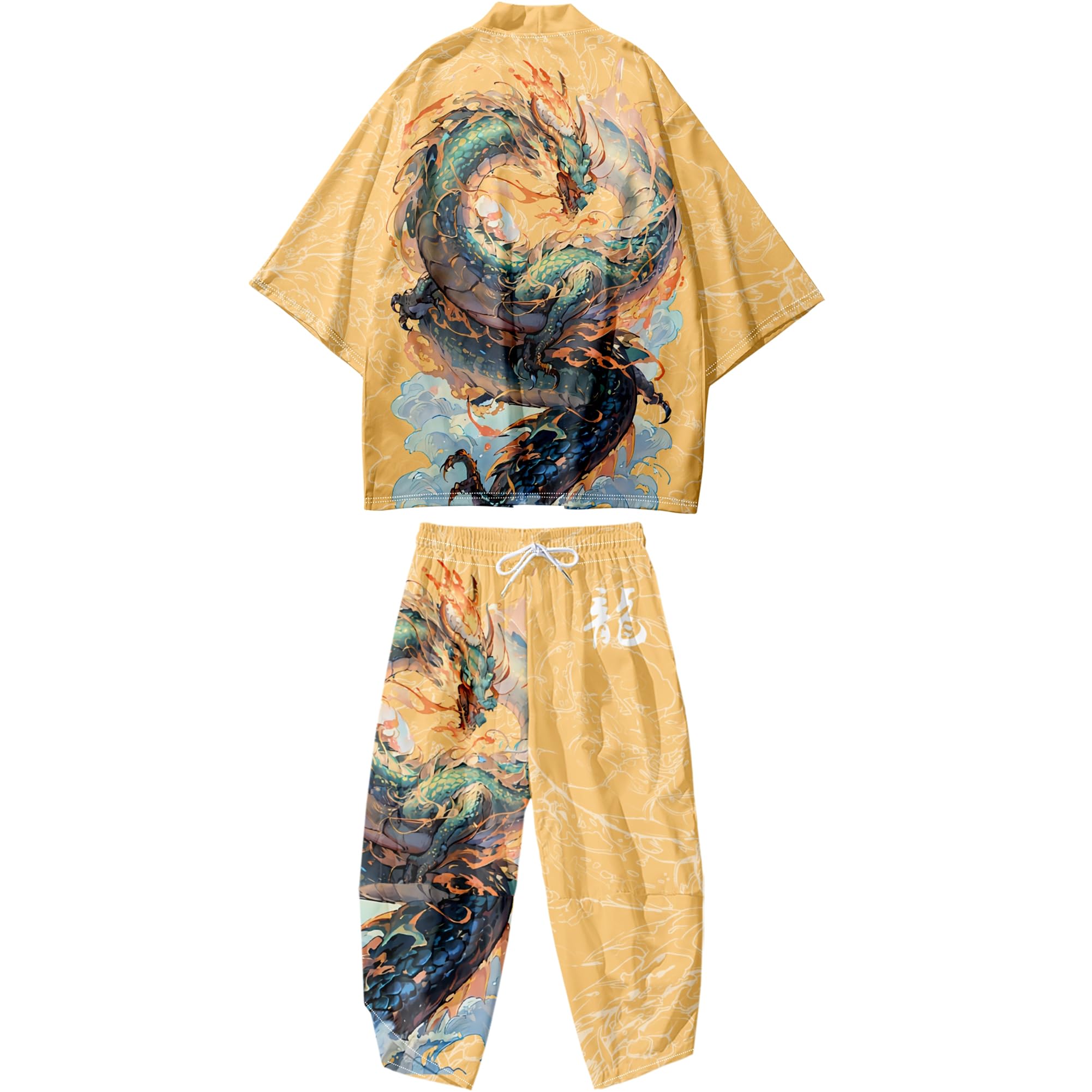 DOSLAVIDA Ensemble de veste kimono japonaise pour hommes, veste élégante ouverte sur le devant avec short, cardigan imprimé de style chinois