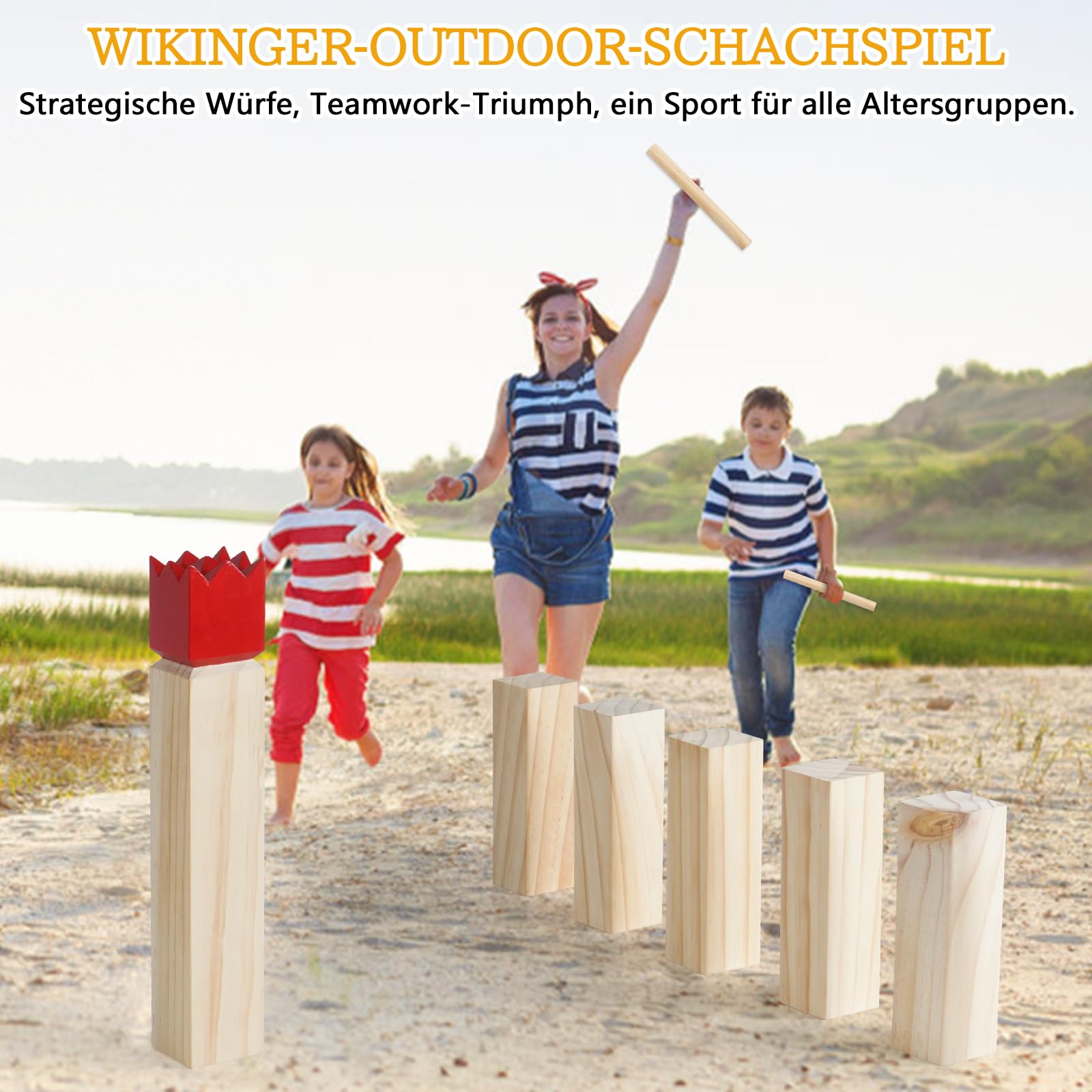 Kubb Wikinger Wurfspiel Groß - Original 5 Kubb Outdoor Spiele - Schwedenschach aus massiv Holz - mit Tasche & Spielanleitung - Holzspiel für Wiesen, Strände und Gärten