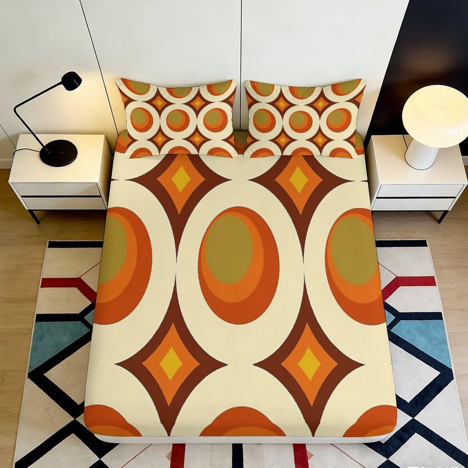Pnayamiorkfel Style-2 3D Printed Retro Geometric Fitted Sheet Microfiber Orange Brown Abstract Mattress Cover For Bedroom Guestroom Decor 90X200x25cm