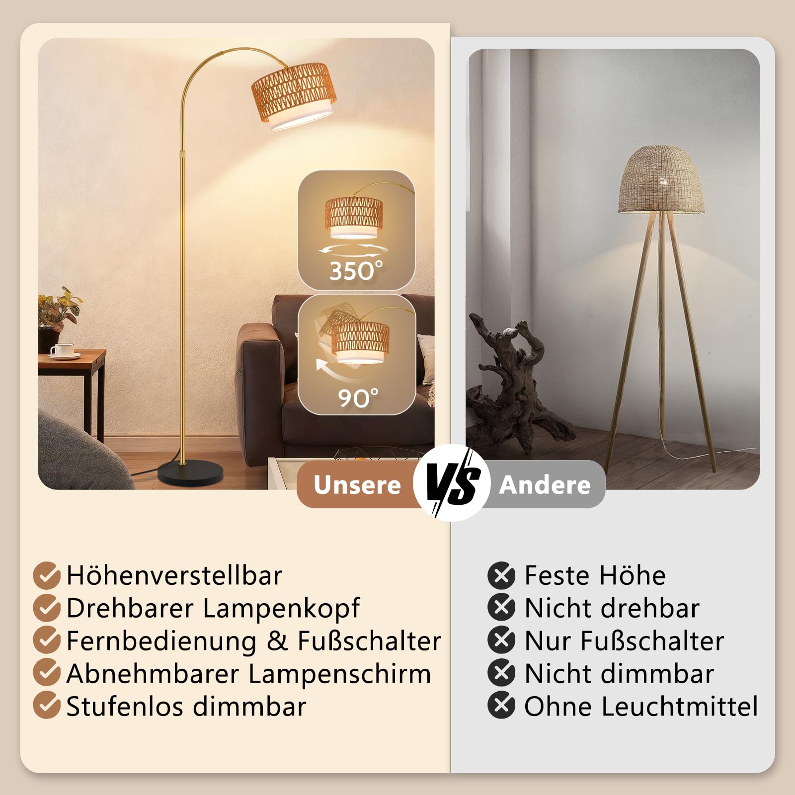 Lampada da terra ad arco per soggiorno, stile boho dorato: lampada da terra in rattan, dimmerabile con telecomando, lampada ad arco incl. 1 LED da 9 W adatta per ufficio e camera da letto
