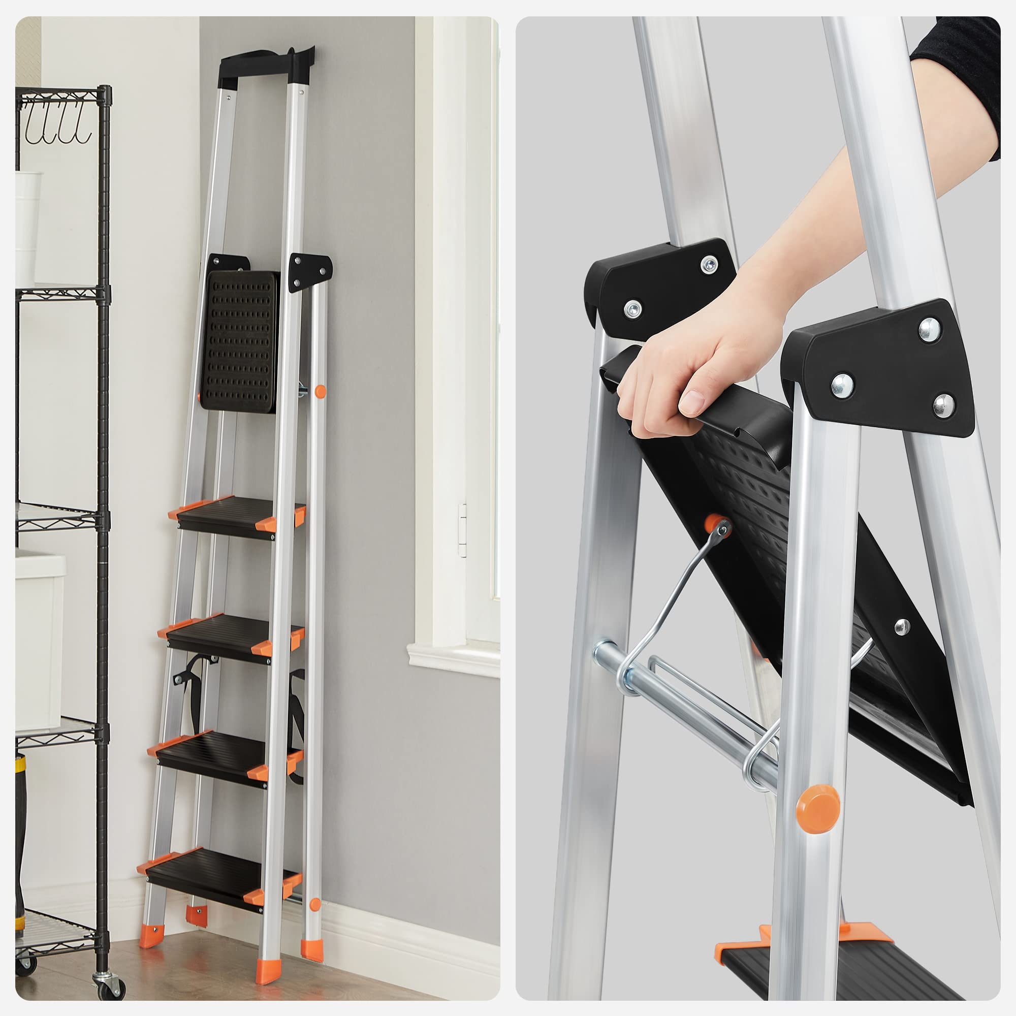 SONGMICS Escalera de 5 Peldaños, Escalera de Aluminio con Peldaños de 13 cm de Ancho, Antideslizante, Carga de 150 kg, Negro y Naranja GLT05BK | Peldaños antideslizantes de 13 cm de ancho, cumple con la norma EN 131, negro y naranja GLT05BK