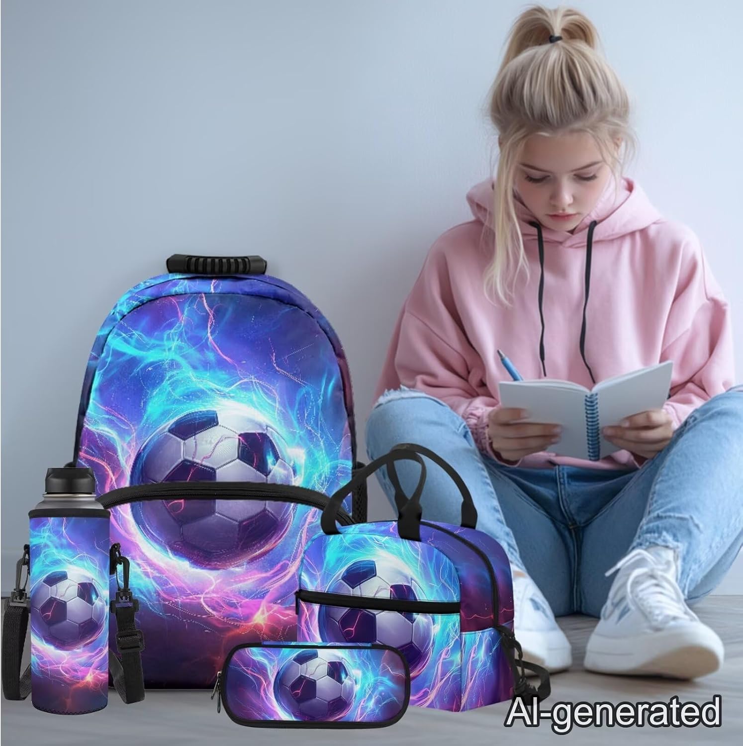 Bulopur 5 PCS Kids Backpack Flame Soccer Backpack for School Boys 12 Years With Lunch Box Pencil Pouch Water Bottle Holder Keychain Bookbag and Lunch Box Set for Middle School Boys Soccer Lovers Gifts image 2