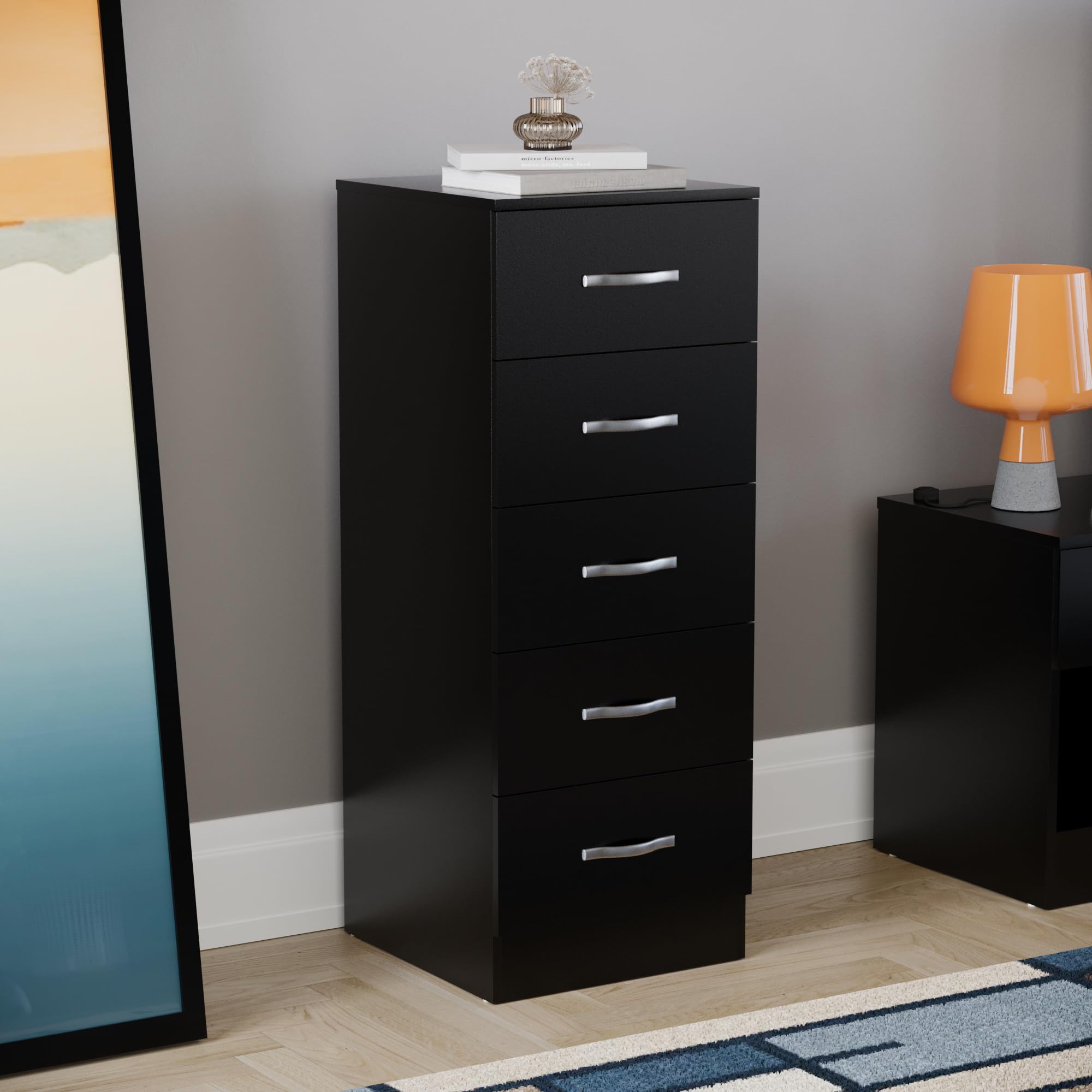 Vida Designs 5 Drawer Narrow Chest Tall Bedroom Storage Unit Sliding Drawers Bedroom Furniture (Black)