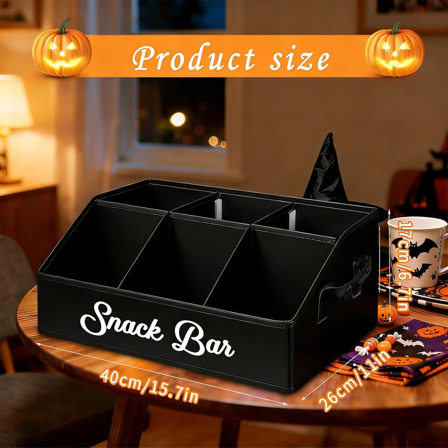 Snack Organizer for Countertop, Snack Basket with Adjustable Compartments via Velcro, 6 Compartment Food Container, Basket for Snacks with PU Handles, Black - Image 7