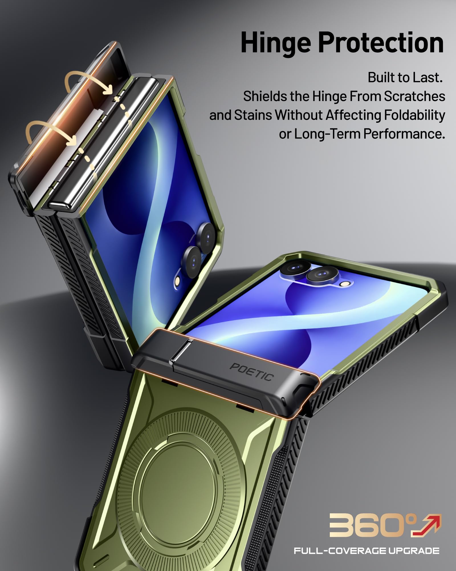 Poetic Spartan - Custodia protettiva per Samsung Galaxy Z Flip 8, con cerniera, compatibile con MagSafe, pellicola protettiva in vetro temperato, robusta, antiurto, con cavalletto, colore: verde