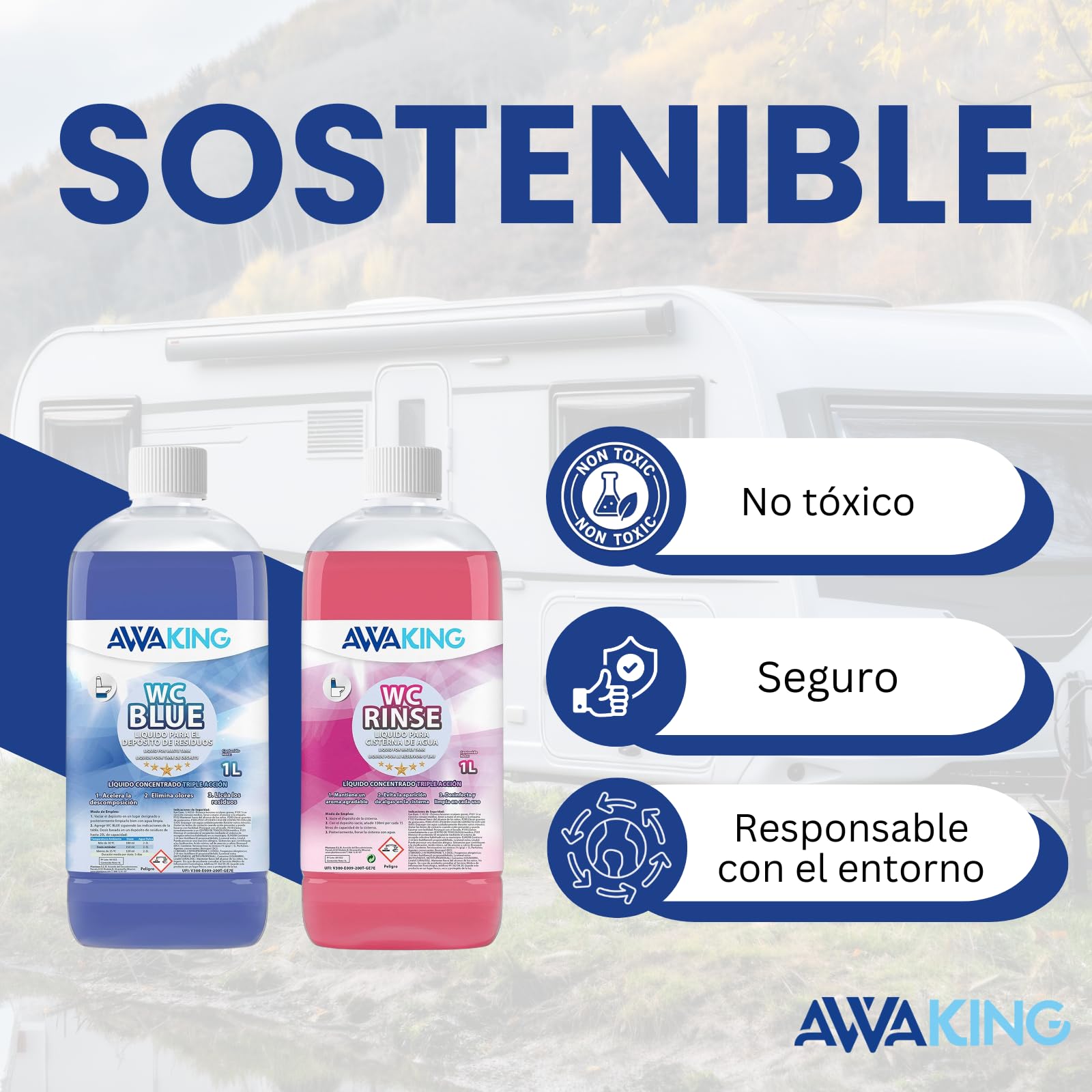 Przenośna toaleta chemiczna, podobna do Aqua KEM Blue, 1 l + Rinse 1 l, płyn chemiczny WC, czarna woda, cysterna i szara woda, kamper, Potti, czarna woda, samochód kempingowy, zbiornik na odpady