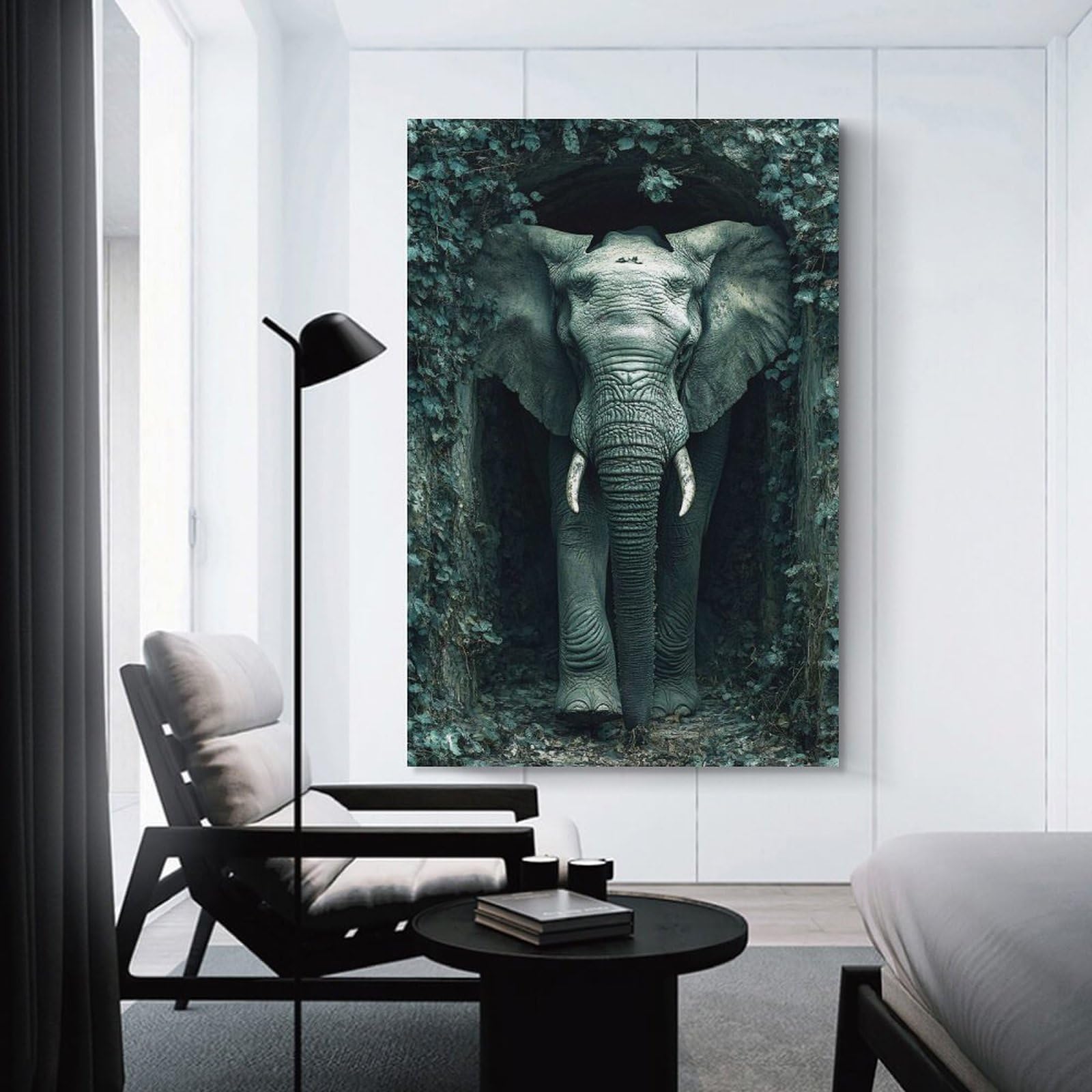 Junmoney Unframe-Style-5-1 Elephant Emerging From Ivy-Covered Tunnel Canvas Wall Decor 20X30inch(50X75cm), For Study, Office Or Focused Interiors, Wall Art That Adds Style To Work Areas