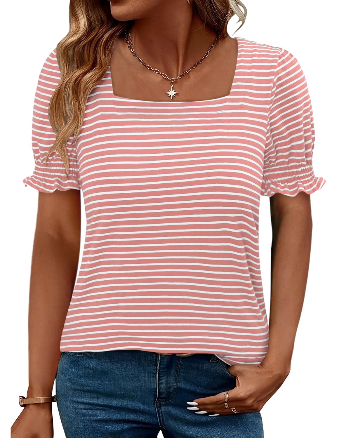 Womens Trendy Summer Tops Puff Sleeve Loose Fit Shirts Dressy Casual Blouses