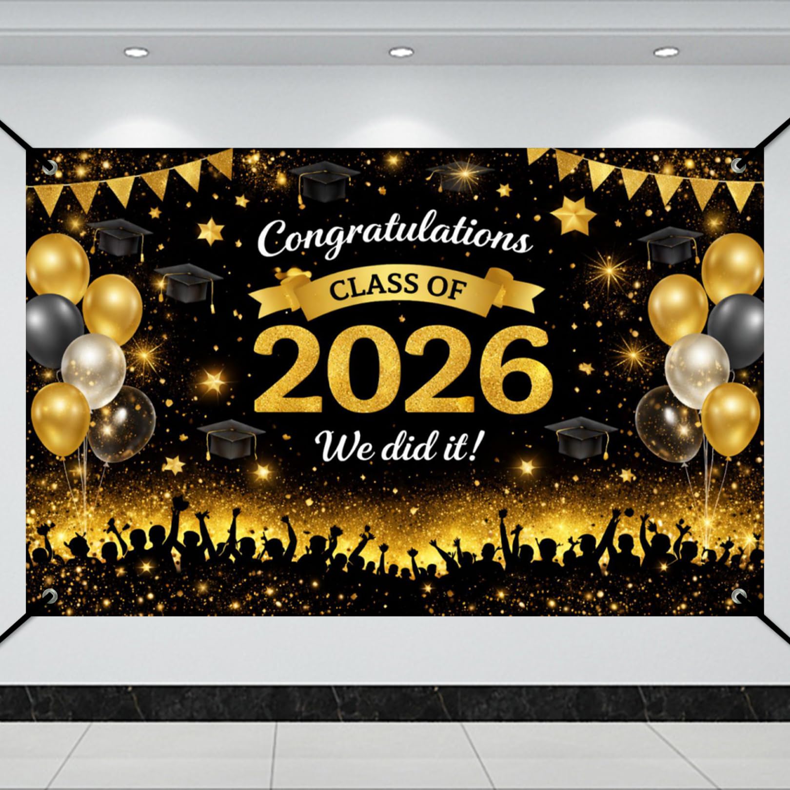 Leavers 2026 Backdrop Decoration, 2026 Graduation Decorations, Congratulations Banner, We Did It Class of 2026 Decorations Backdrop Black Gold for Graduation Party Photo Booth Background(110x180cm)