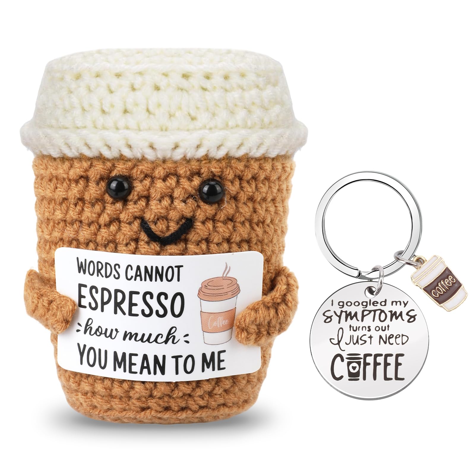 Vspek Crochet Coffee Cup Doll, Emotion Support Coffee Charm Keychain, Positive Gifts, Encouragement Present, Coffee Lovers Birthday Gifts for Family, Friend, Coworker, Home Office Desk Decor