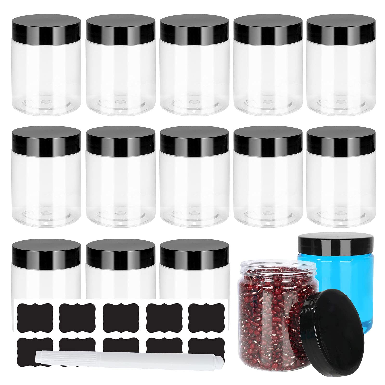 SHiZAK 15 Pack 8 oz 240 ml Round Clear Plastic Jars with Black Lids, Refillable Slime Empty Storage Container Jars Regular Mouth for Beauty Products,DIY Slime Making or Others