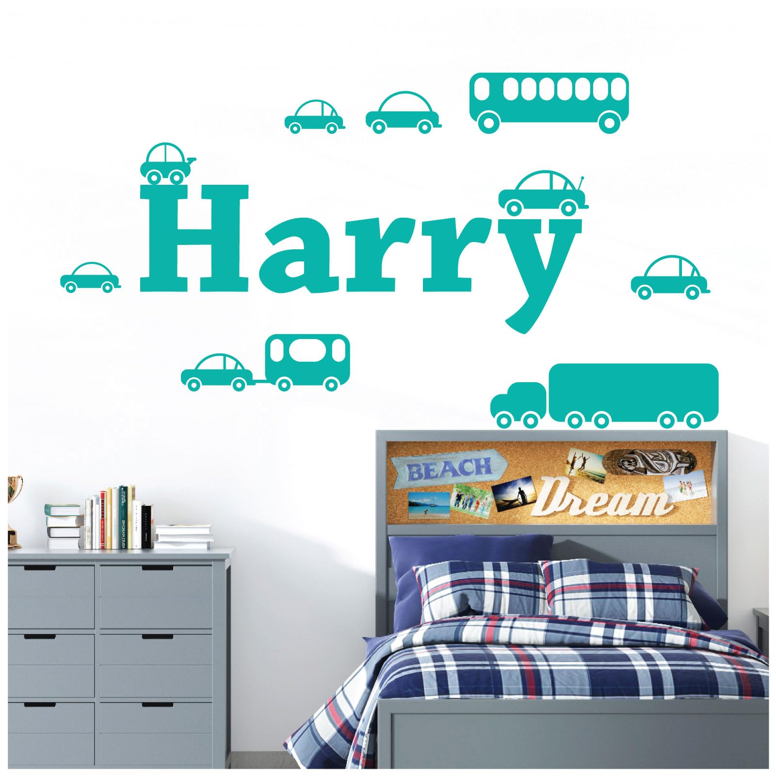 Personalised Name Boys Wall Art Sticker - Cartoon Trucks, Cars, Bus, Caravan, Taxi Set [Medium] [Turquoise]