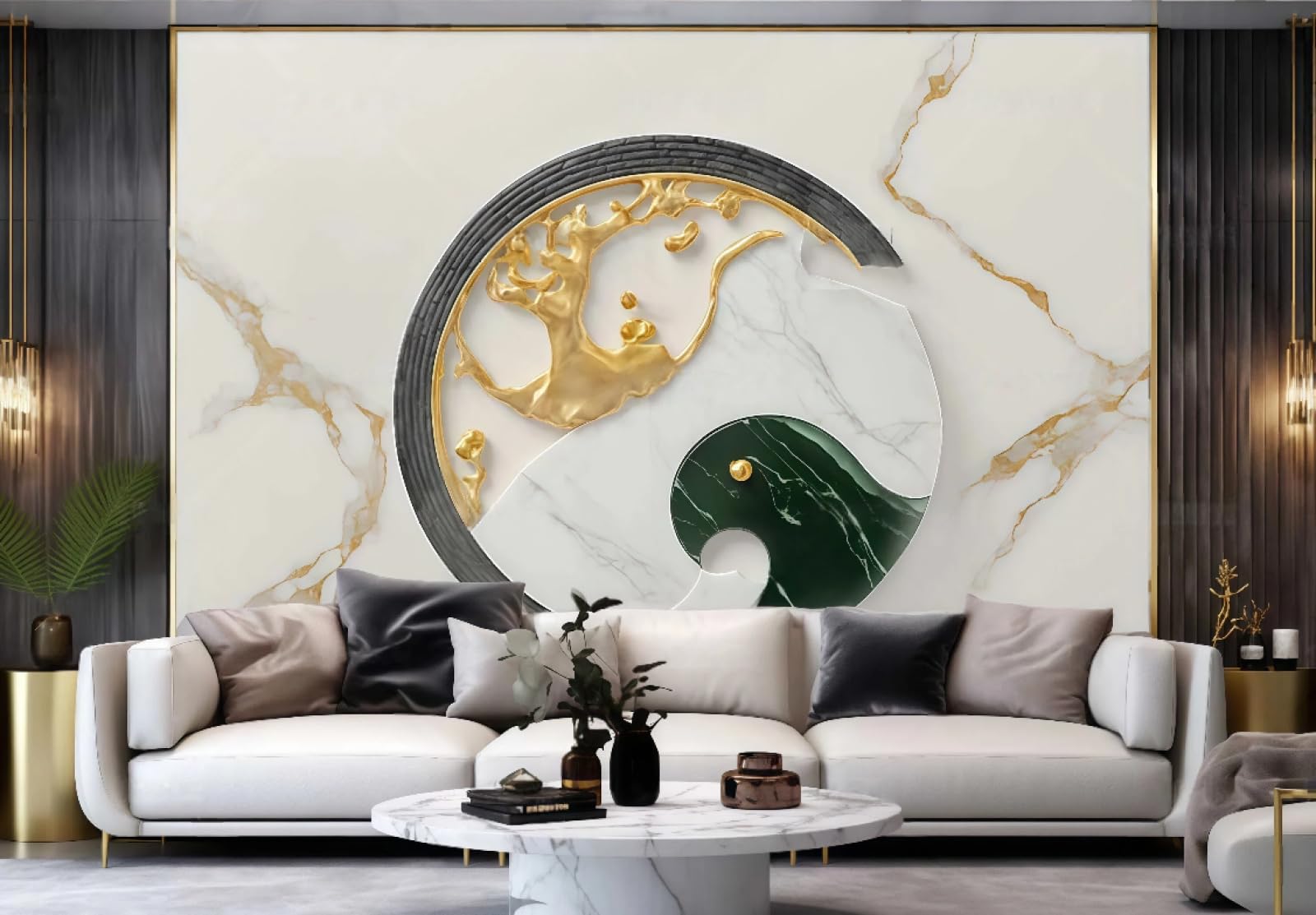 Tapeta nowoczesna pozłacana Tai Chi czarno-biała sztuka marmurowy wzór TV sofa tło ściana sypialnia salon gabinet mural, 3D, 200 x 140 cm