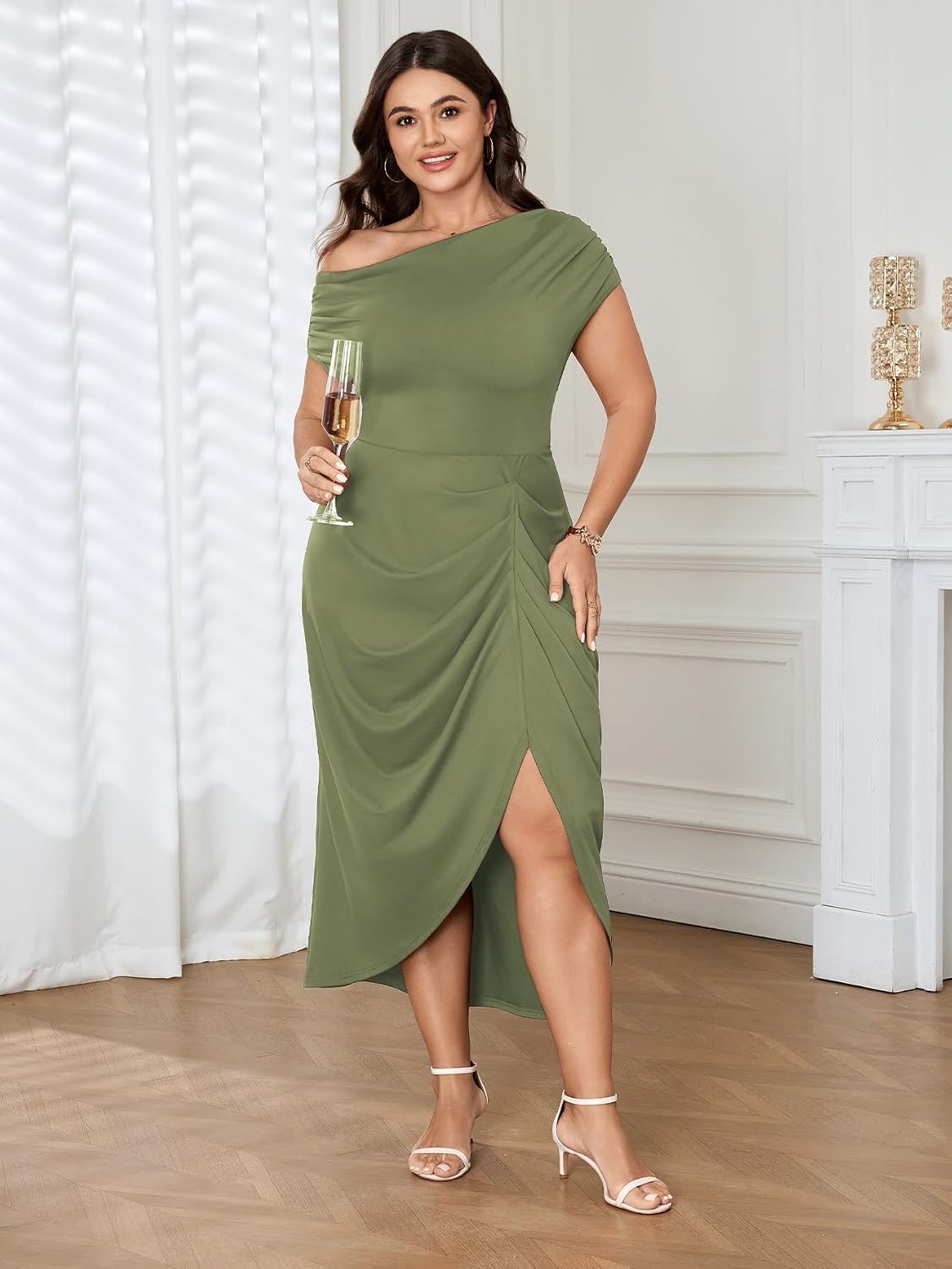SHESTARR Womens Plus Size Asymmetrical Neck Long Dress Ruched High Slit Semi Formal Party Cocktail Dress
