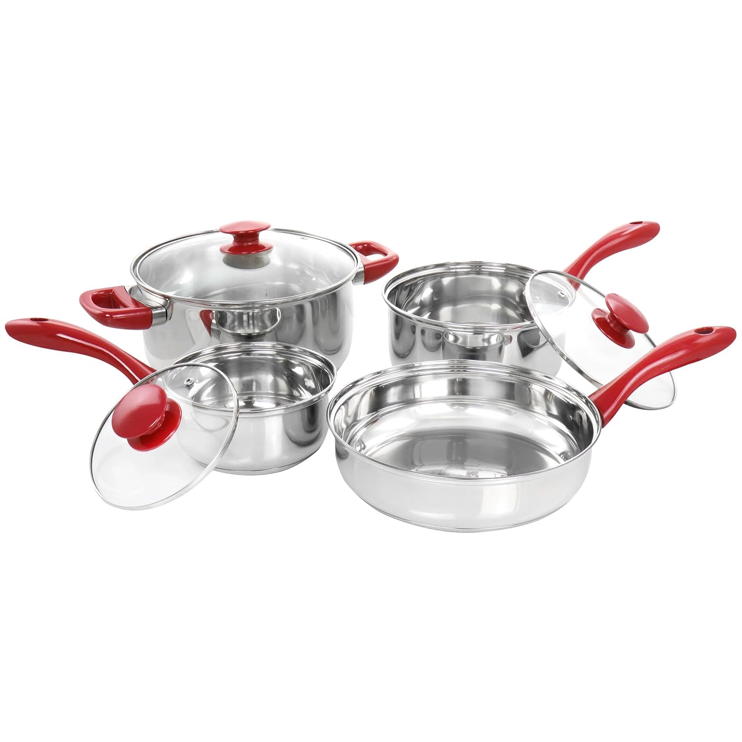 Gibson Home Crawson 7 Piece Stainless Steel Cookware Set in Chrome with Red Handles Gibson Home Crawson 7 Piece Stainless Steel Cookware Set in Chrome with Red Handles