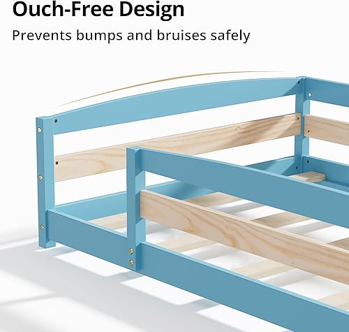 Miniatura 19 de Cama estándar para cuna, base de cama baja Montessori de madera con 2 entradas y barandillas seguras para niños y niñas, azul niebla Azul (Mist