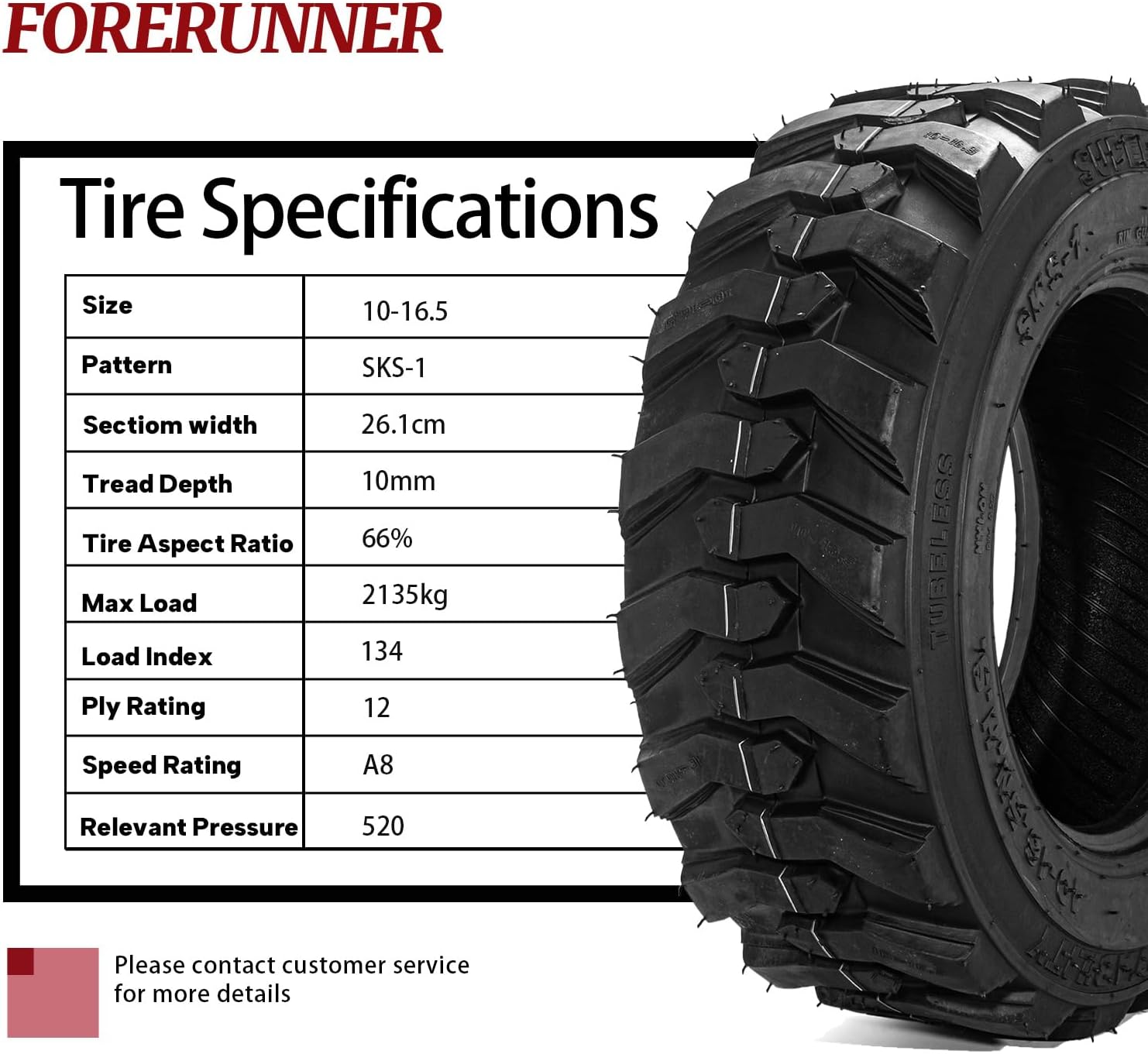 FORERUNNER Skid Steer Tires 10-16.5/12 Ply SKS1 Industrial Skid Steer Tire New Heavy Duty w/Rim Guard (Pack of 1, Tubeless)