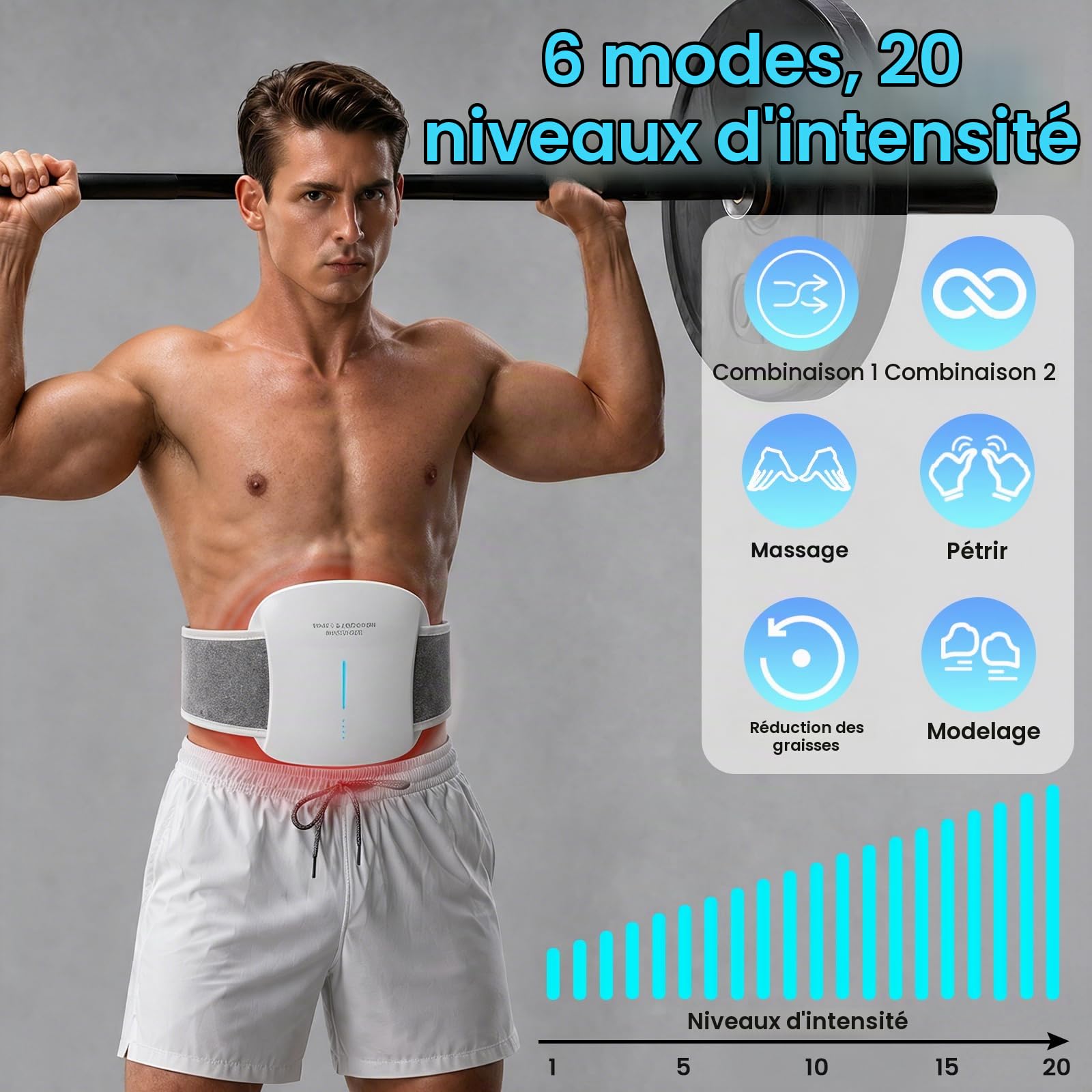 Electrostimulateur Musculaire EMS, 3D Ceinture Electrostimulation Abdominale EMS avec 6 Modes 20 Niveaux D'intensité, Entraînement Abdominal EMS avec Chauffage A 3 Niveaux, avec Télécommande