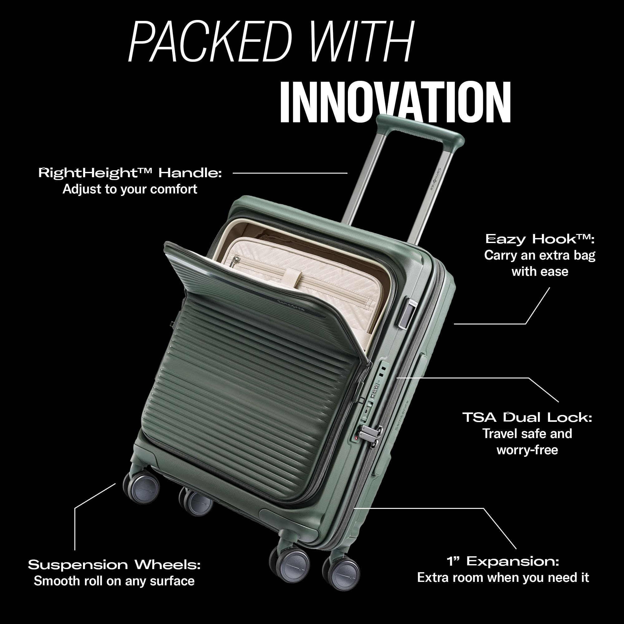 Samsonite Paralux Global Carry-On Luggage - Innovative Design - Quick Access Front Pocket - Dual Suspension Wheel Technology - TSA Lock - Expandable - Includes Removable Packing Cubes - Olive