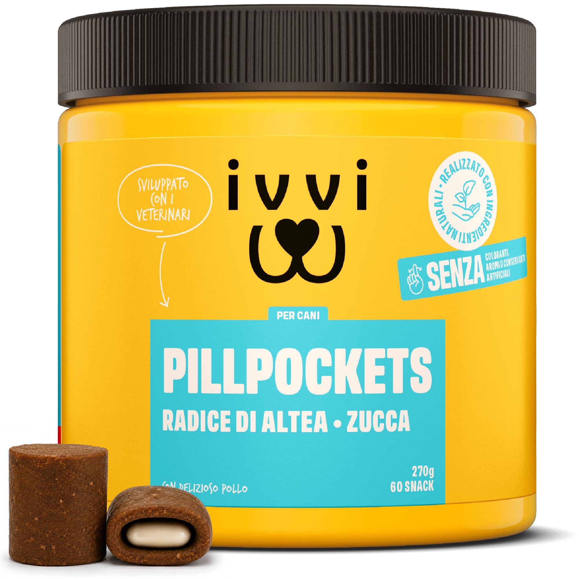 ivvi Pill Pockets per Cani – Snack Morbidi Porta-Pillole con Pollo, Zucca, Radice di Altea e Olmo Rosso – Texture Modellabile per Compresse e Capsule – 270 g / 60 Snack