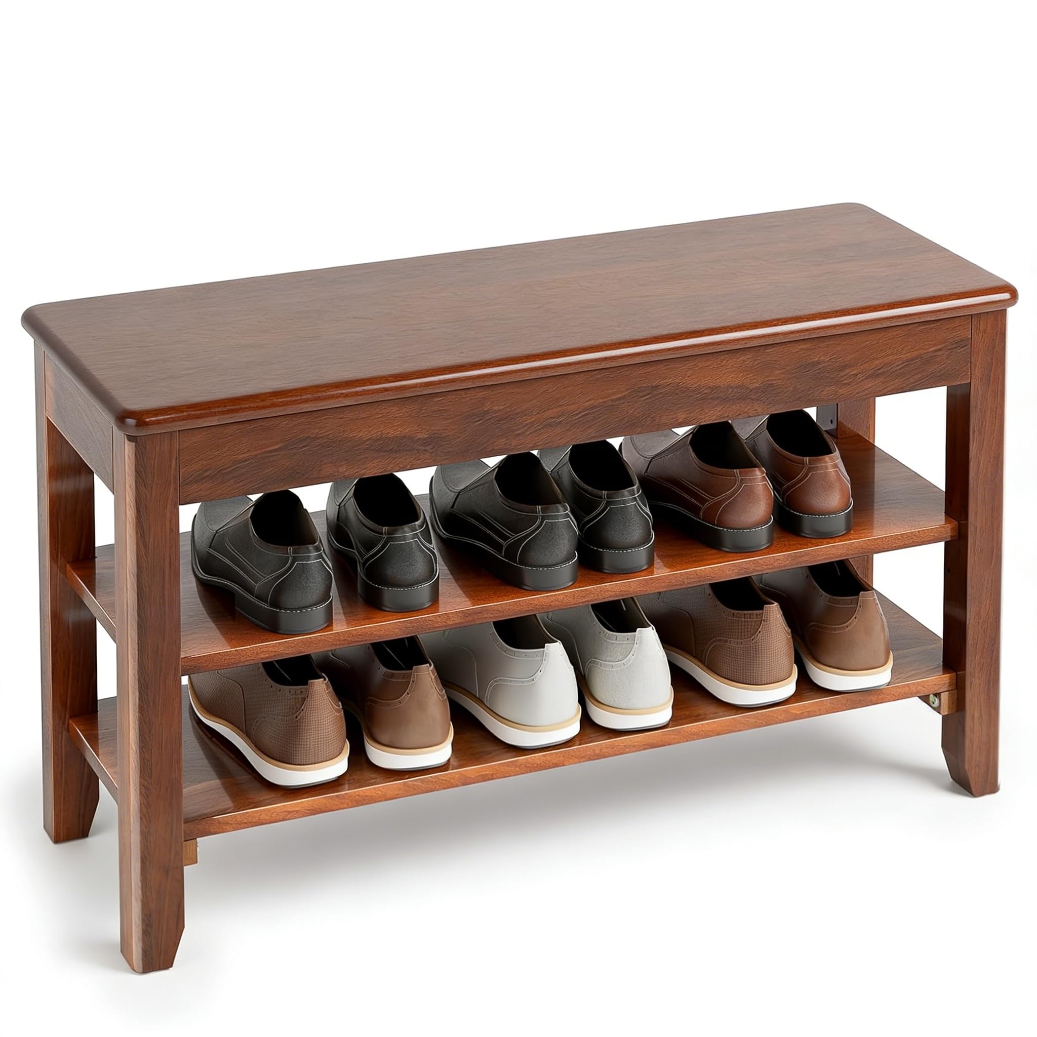 Photo 1 of ***DAMAGED -SELLING AS IS *** ENPKLUTE Shoe Storage Bench for Entryway - 4 Tier Shoe Rack for Front Door Entrance, Rubberwood Shoe Rack with Bench Height Adjustable, Entryway Bench with Shoe Storage for Any Room (Walnut, 47.2" W)
