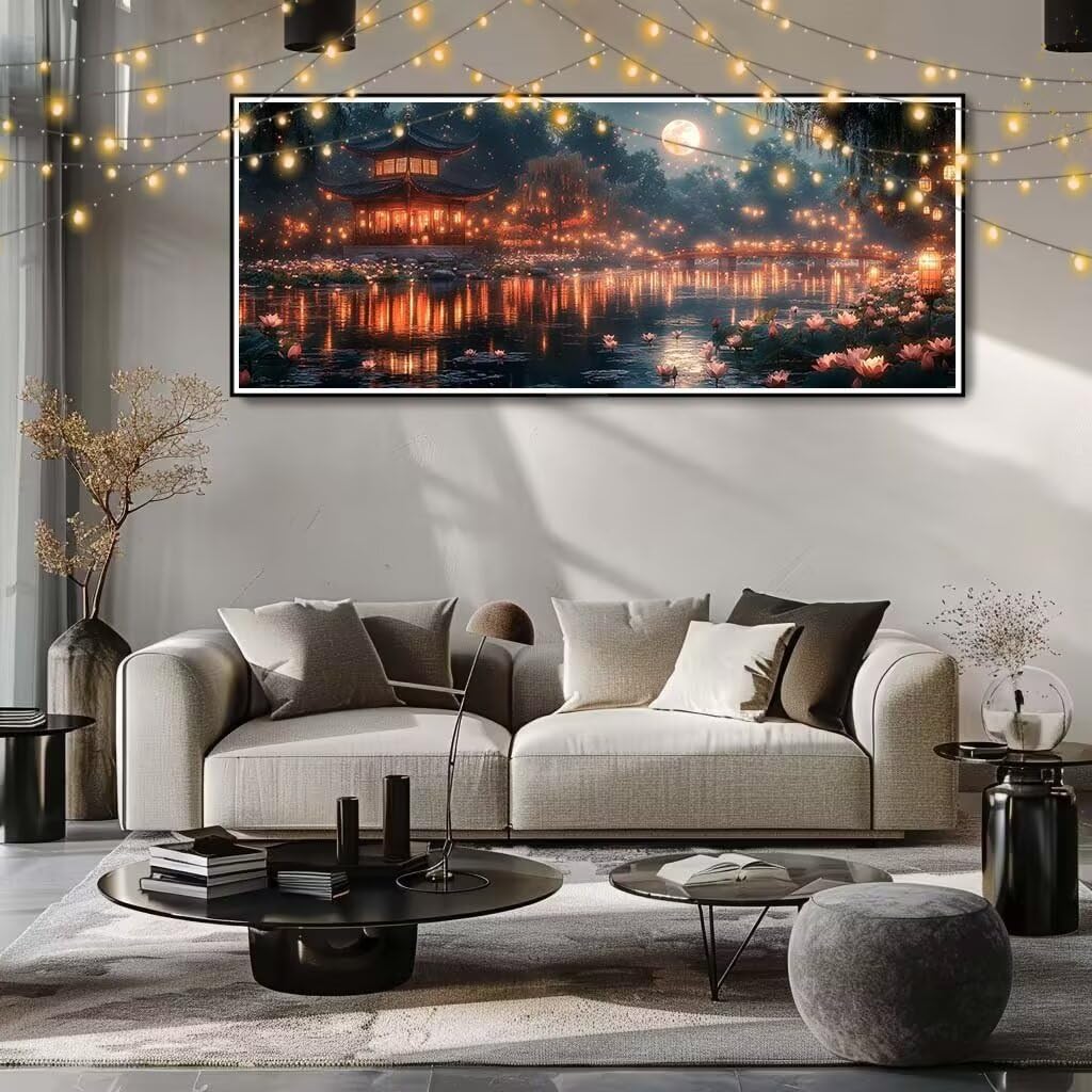 Obraz diamentowy 5D, dla dorosłych, księżyc, kwiat lotosu, obraz "zrób to sam", obraz dla dzieci, 80 x 200 cm, zestaw do malowania diamentami, dekoracja ścienna 8E-7288