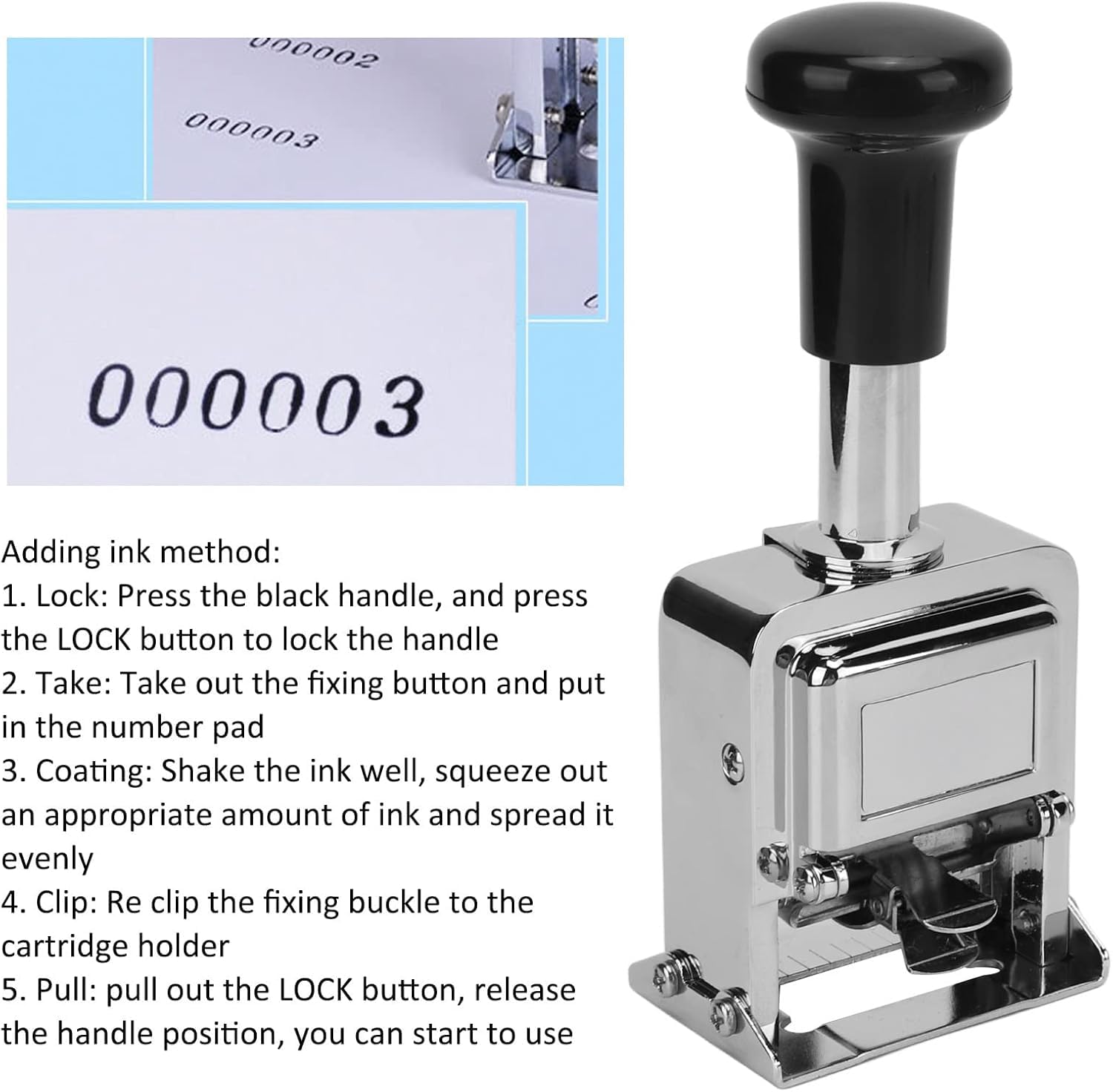 Timbro Numeratore Autoinchiostrante 6 Cifre, Corpo in Lega di Zinco 14cm, Numeratore Automatico con Impugnatura Antiscivolo, 5000 Impressioni per Ricarica, per Fatture e Modulistica Ufficio
