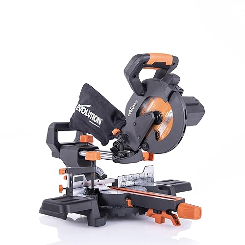 Evolution Power Tools R185SMS+ Sliding Miter Saw with Multi-Material Cutting, 45 Degree Bevel, 50 Degree Miter, 210 mm Slide, Blade Included Cuts Wood Plastic Metal & More, 7-1/4"
