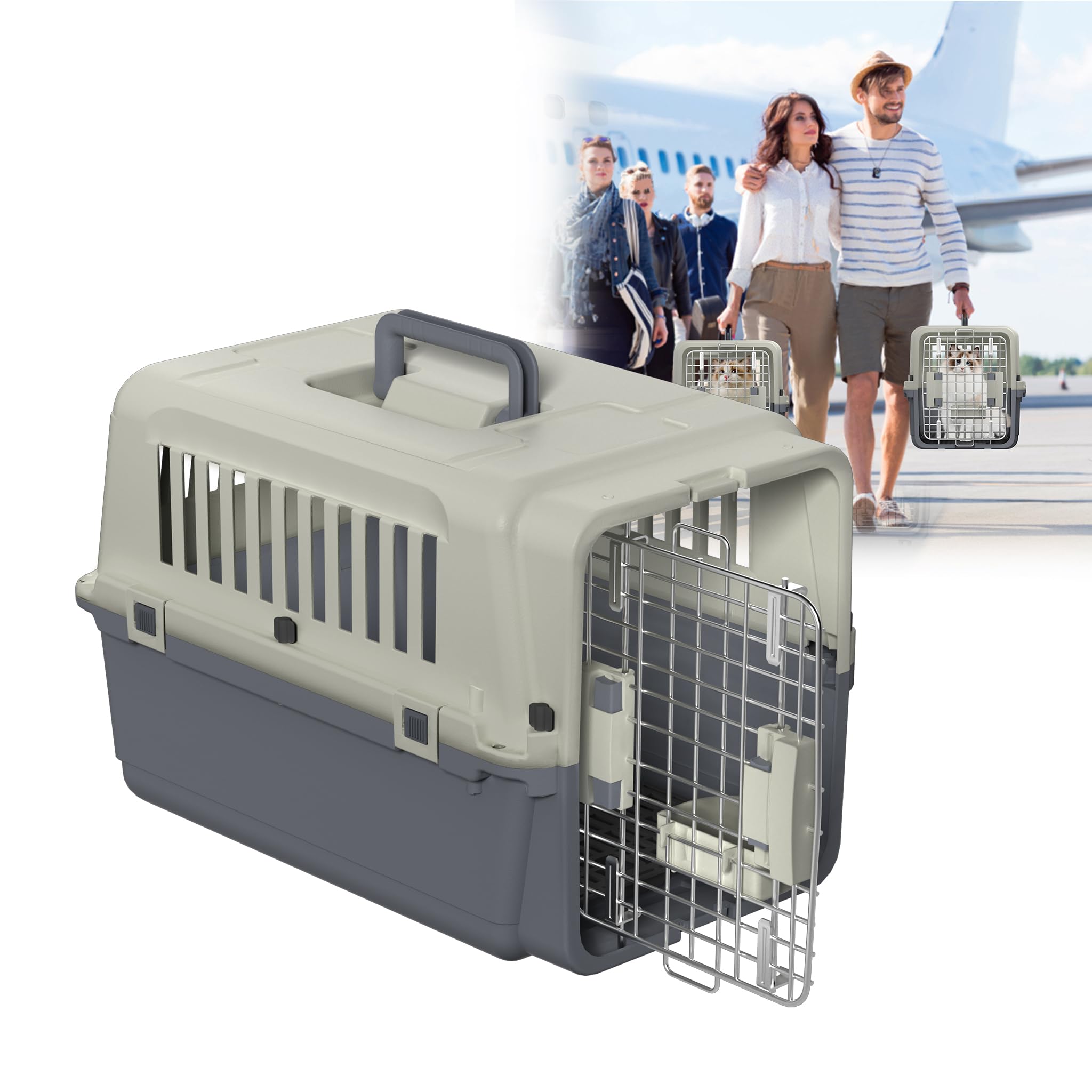 HENGMEI Box per il trasporto di cani di piccola taglia e gatti, in plastica, per il trasporto di animali con porta, fessure di ventilazione, ciotole e maniglia per il trasporto, 60 x 39,5 x 44 cm