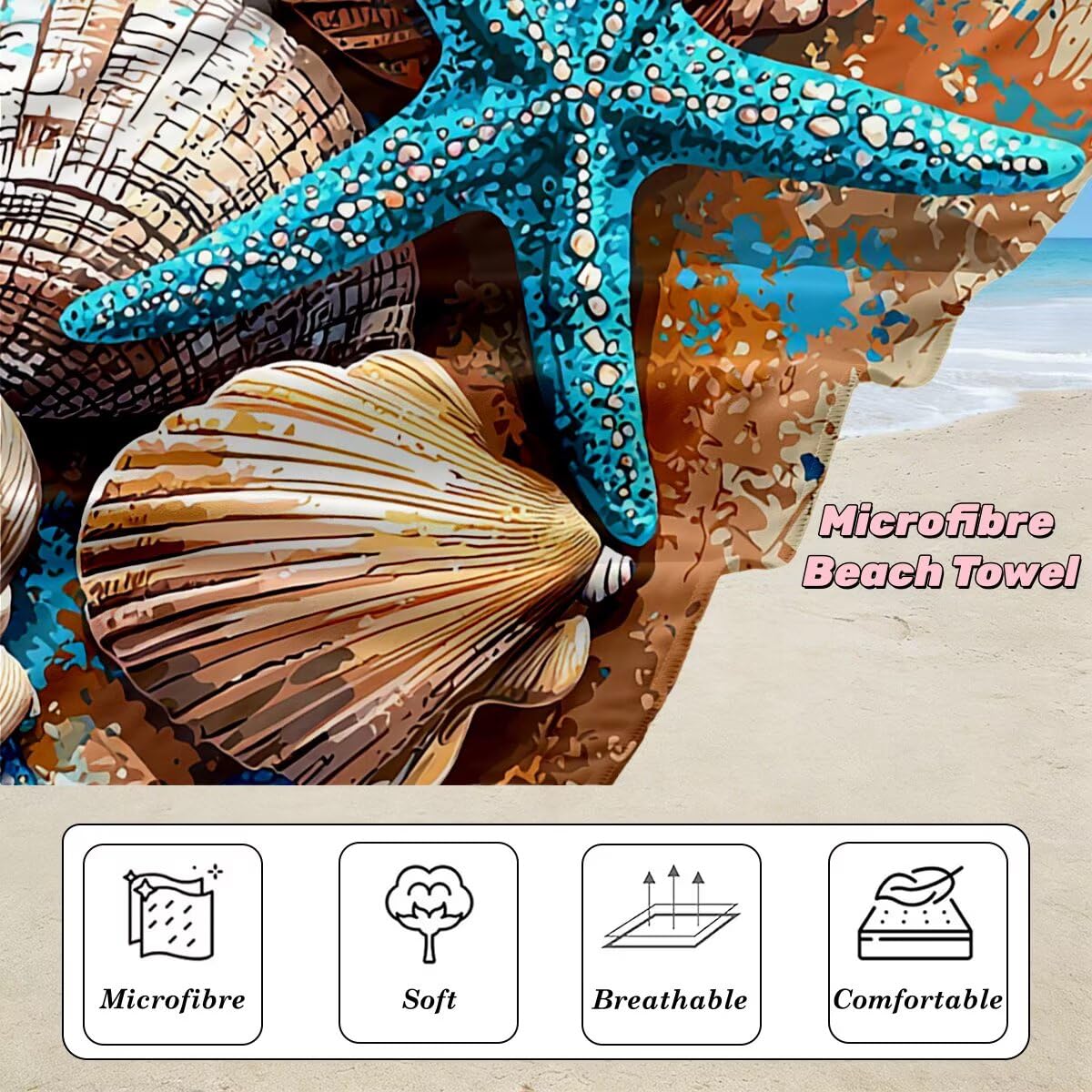 Serviette de Plage XXL 70x140 cm, Lot de 2 Serviette de Bain Microfibre, Anti Sable Serviettes Plage, Séchage Rapide Drap de Bain pour Homme Femme, Portable Serviettes pour Sport (Étoile de mer) -4739