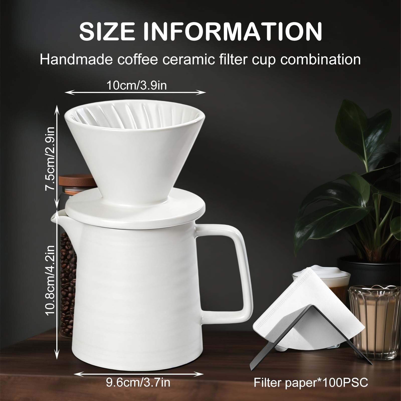 Leikurvo Juego de cafetera Pour Over, filtro de café de porcelana de 450 ml, con taza y 100 filtros de papel, gotero de café de cerámica, cafetera manual para casa, oficina, exterior, camping (blanco)