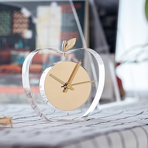 Miniatura 5 de Reloj de escritorio acrílico, reloj analógico moderno, decoración de oficina en casa, marco transparentecara dorada, forma de manzana