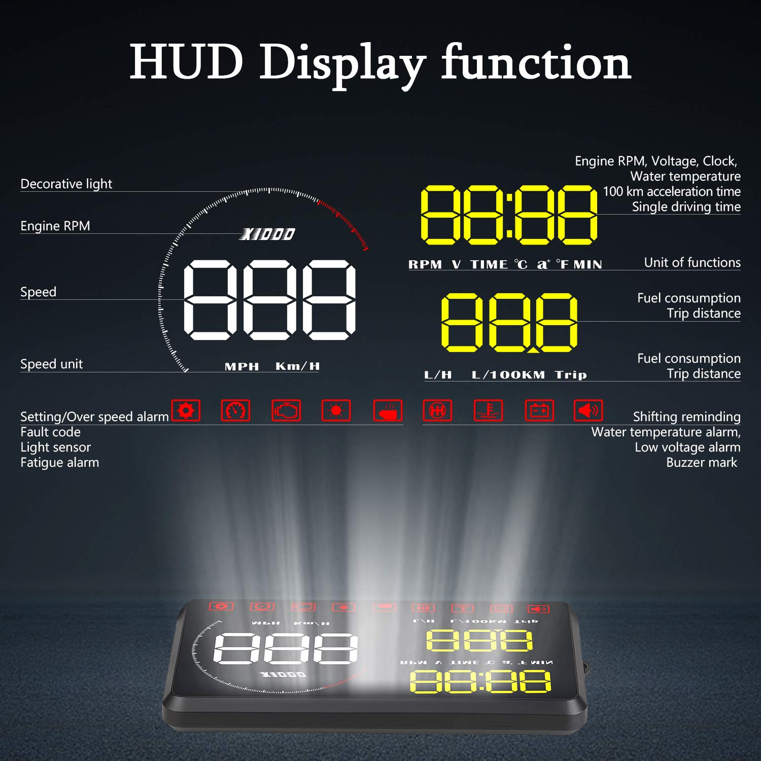 Afficheur HUD pour voiture, Baceyong Car Head-Up Display Projector Digital Speedometer avec écran HD 5,5 pouces Jaune