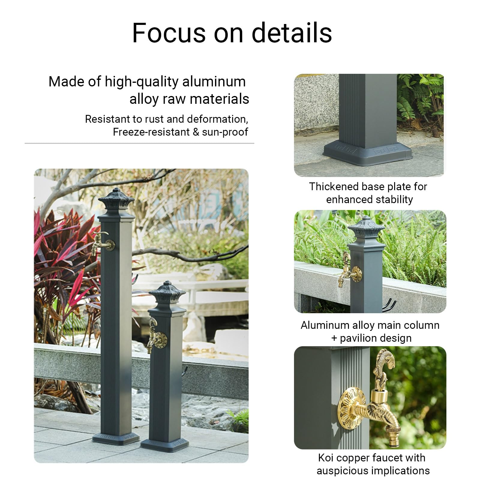 Columna de agua de jardín al aire libre con grifo, hidrante de aleación de aluminio, espiga de patio independiente con pistola de pulverización y cubierta de grifo