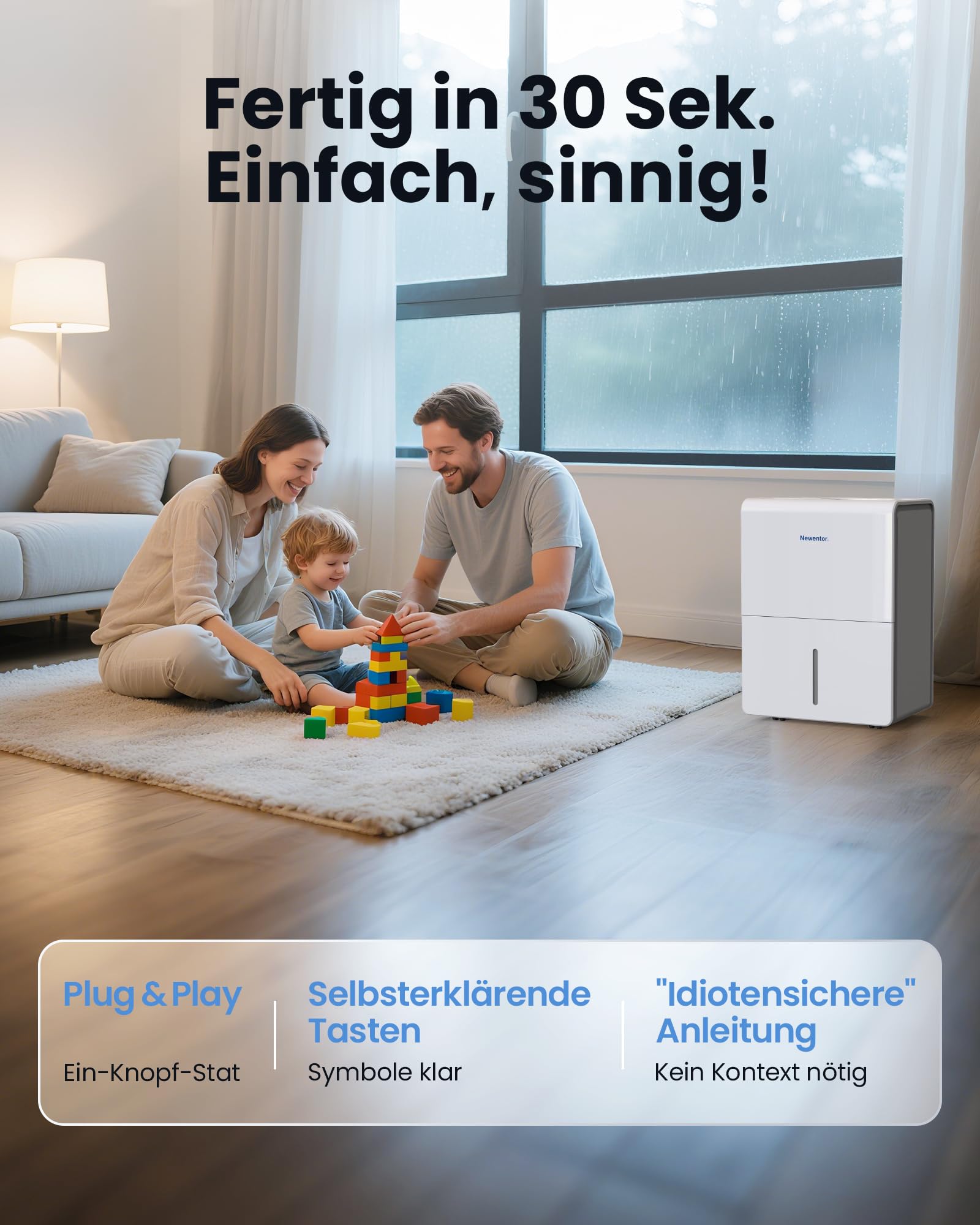 Newentor Deumidificatore 25 l/24 h, per ambienti 215 m³/80 m² - 3 volte riduzione del rumore - Chip a risparmio energetico - Facile da usare - Con tubo di scarico da 1 m e filtro rimovibile, timer