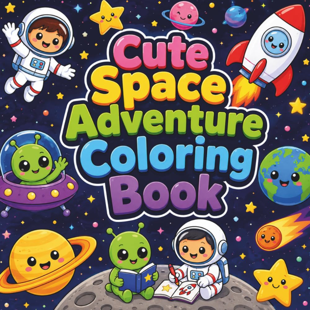 Cute Space Adventure Coloring Book: Simple and Easy Coloring Fun with Friendly Aliens, Happy Rockets, Smiling Planets, and Cute Astronauts