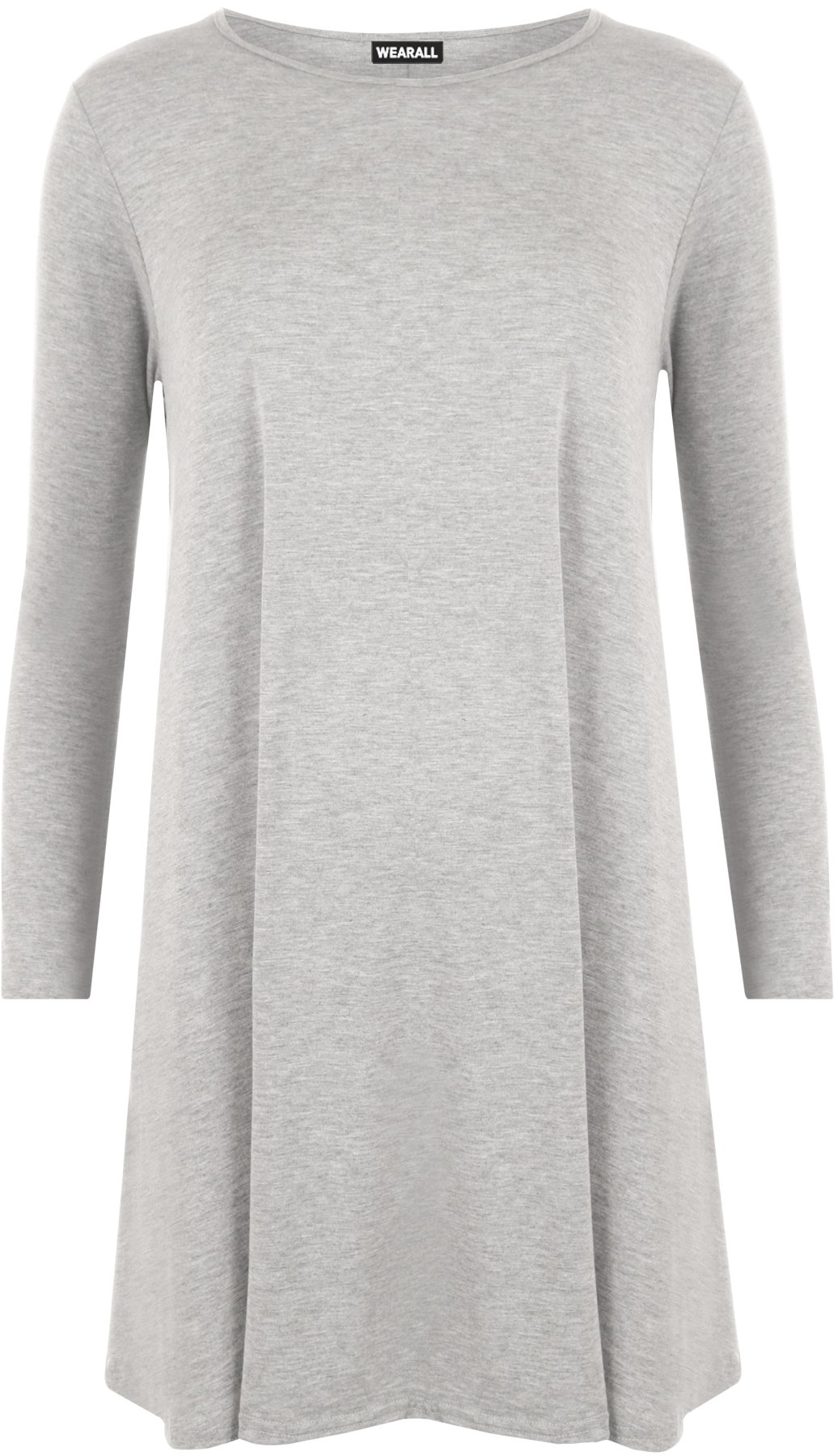 WearAll Plus Size Womens Plain Long Sleeve Stretch Ladies Swing Dress Top - Light Grey - 20-22