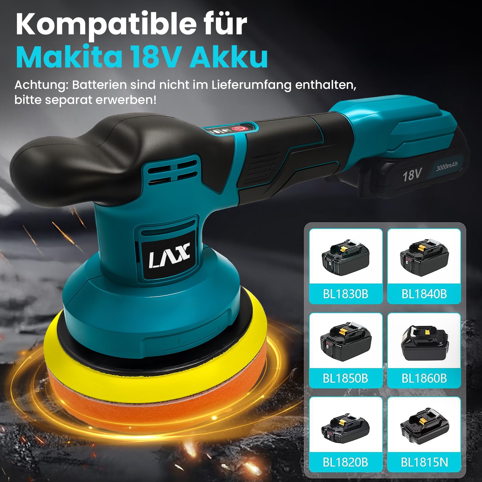 Poliermaschine Auto für Makita 18V Akku, 6 Zoll Orbital Auto Politur mit 3 Variablen Geschwindigkeiten, 2pcs Akkus Auto Polierset, für Auto Detailpflege und Kratzerentfernung