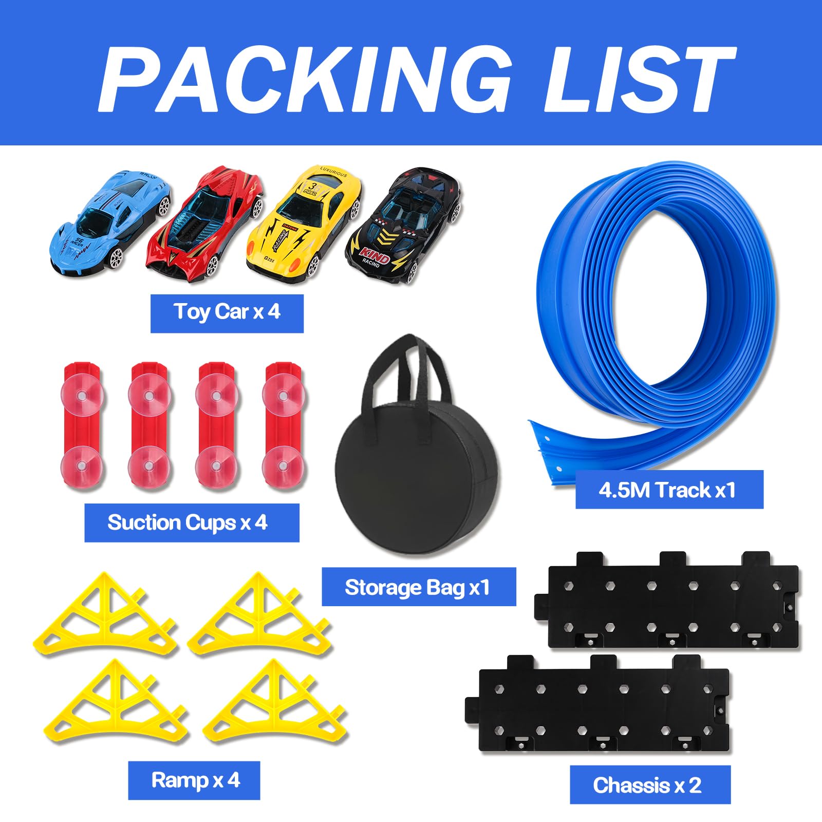 4.5 Metri Piste Macchinine per Bambini, Pista Flessibile Macchinine con 4 Macchinine e 4 Rampe e 4 Ventose e 1 Borsa Portaoggetti, per 3 4 5 6 Anni Bambino e Bambine (Blu)