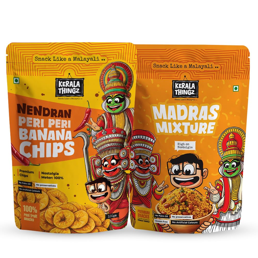 Kerala Thingz Peri Peri Banana Chips (100g) + Madras Mixture (150g) | Combo 250g | Traditional Kerala Snack | Premium, Crunchy & Healthy | No Palm Oil, No Preservatives, Gluten Free, No Added Sugar, No Artificial Colours