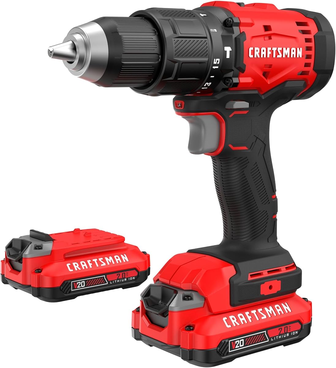 CRAFTSMAN Taladro percutor inalámbrico 20 V MAX 1/2, incluye 2 baterías (2 Ah), cargador y broca de doble punta, taladro percutor eléctrico de mayor tiempo de funcionamiento con luz LED (CMCD712D2)