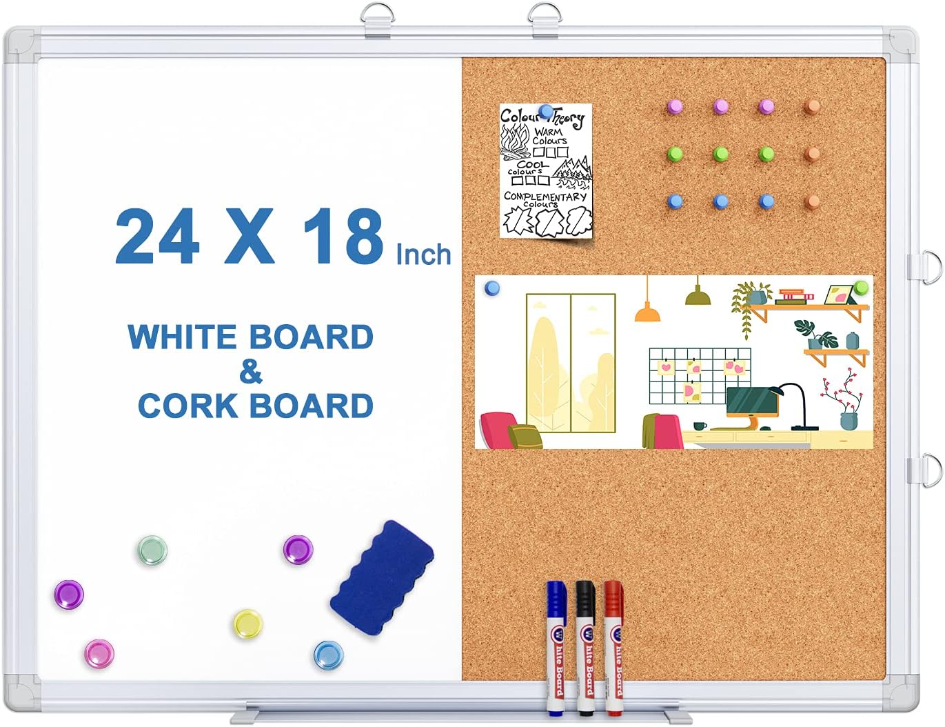 Magnetic White Board and Cork Board Combo, 24 X 18 inches Whiteboard Bulletin Combination Board, Wall Mounted Dry Erase Message Board for Home, School and Office