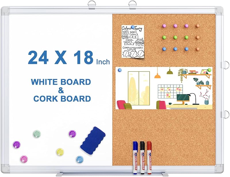 Magnetic White Board and Cork Board Combo 24" x 18" Aluminum Frame | Dry Erase Bulletin Board, Wall Mounted or Hanging. Dual-function Surface for Writing & Pinning. Ideal for Home, Office, Shool