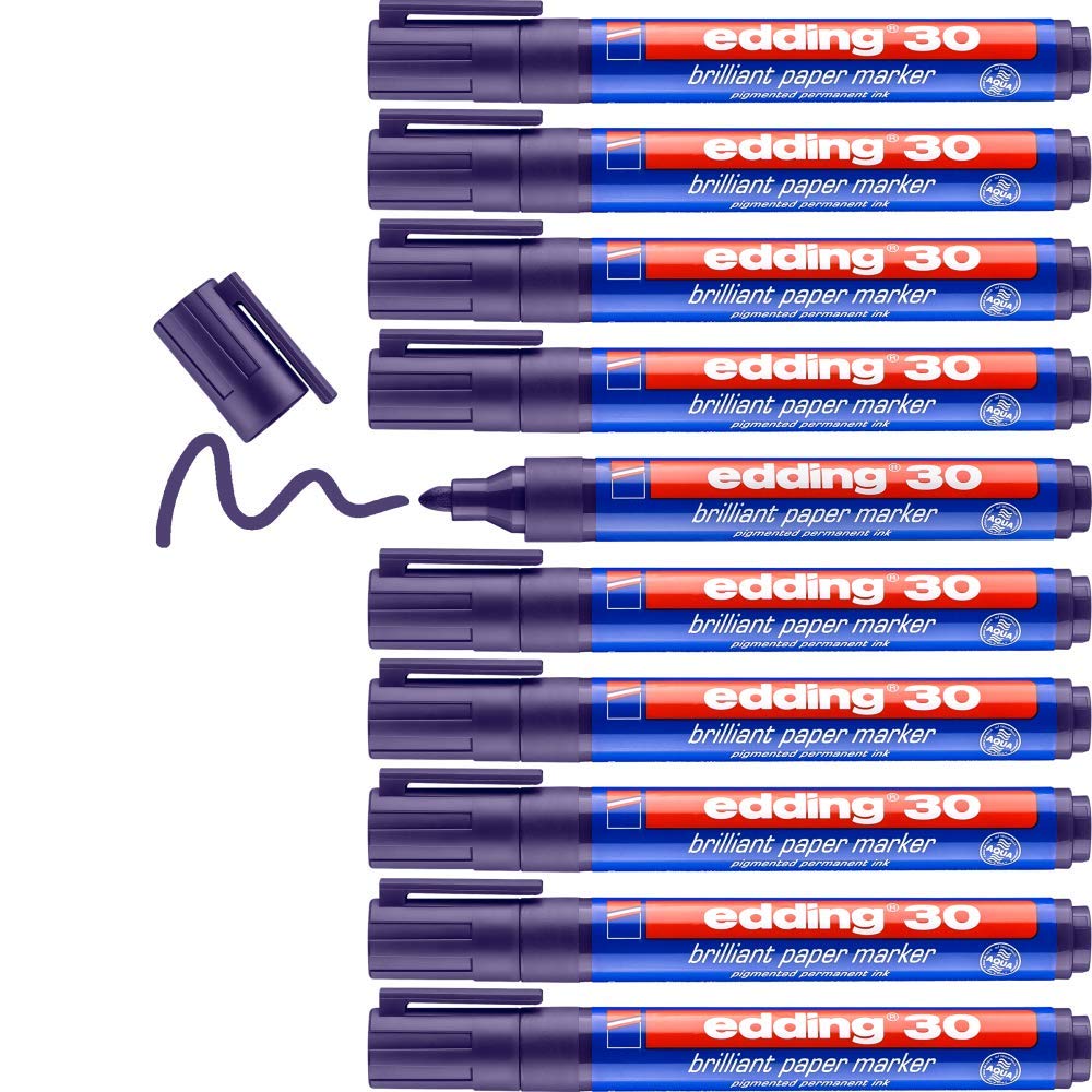 edding 30 brilliant paper marker - violet - 10 waterproof permanent markers - round nib 1.5-3 mm - vibrant colours - lightfast marking on paper, card, cardboard, plastic, metal and glass