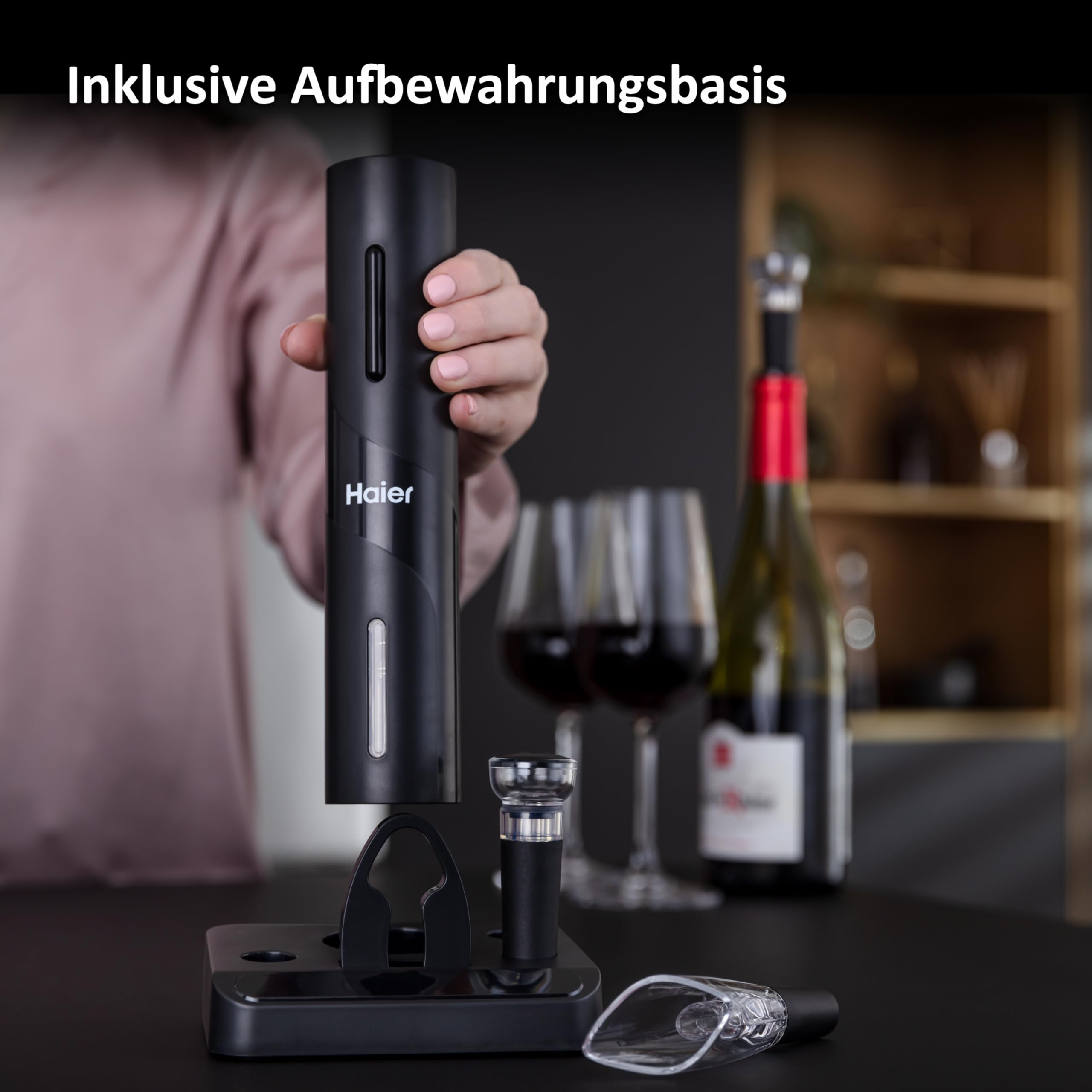 Haier Elektrischer Weinöffner Edelstahl I Korkenzieher Wein Set mit Dekantierausgießer, Vakuumverschluss, Folienschneider & Station I Automatischer Weinflaschenöffner I Edles Geschenk für Weinfreunde
