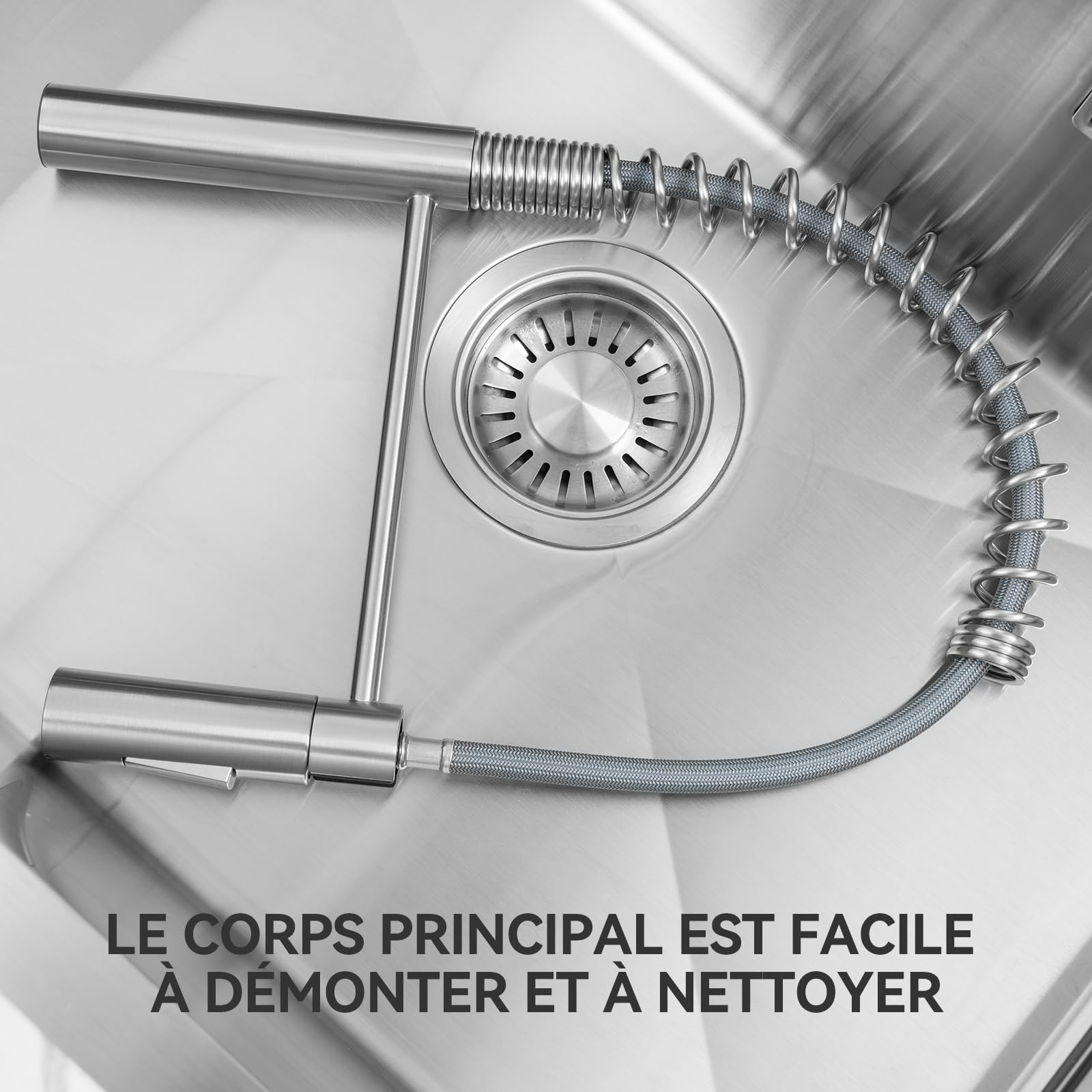CECIPA Robinet Cuisine Mitigeur Avec Douchette Extractible, Acier Inoxydable Brossé, Arc Élevé Rotatif 360°