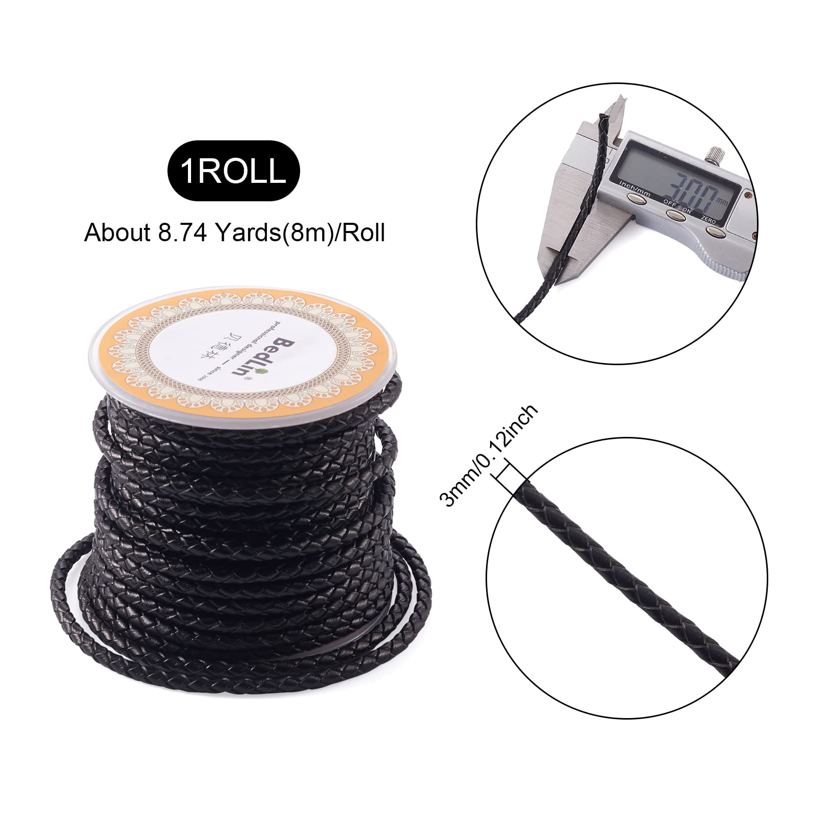 PandaHall 8 Meters 3mm Braided Leather Cord Black Round Genuine Leather Cord for DIY Bracelet Necklace Jewelry Making - Image 3